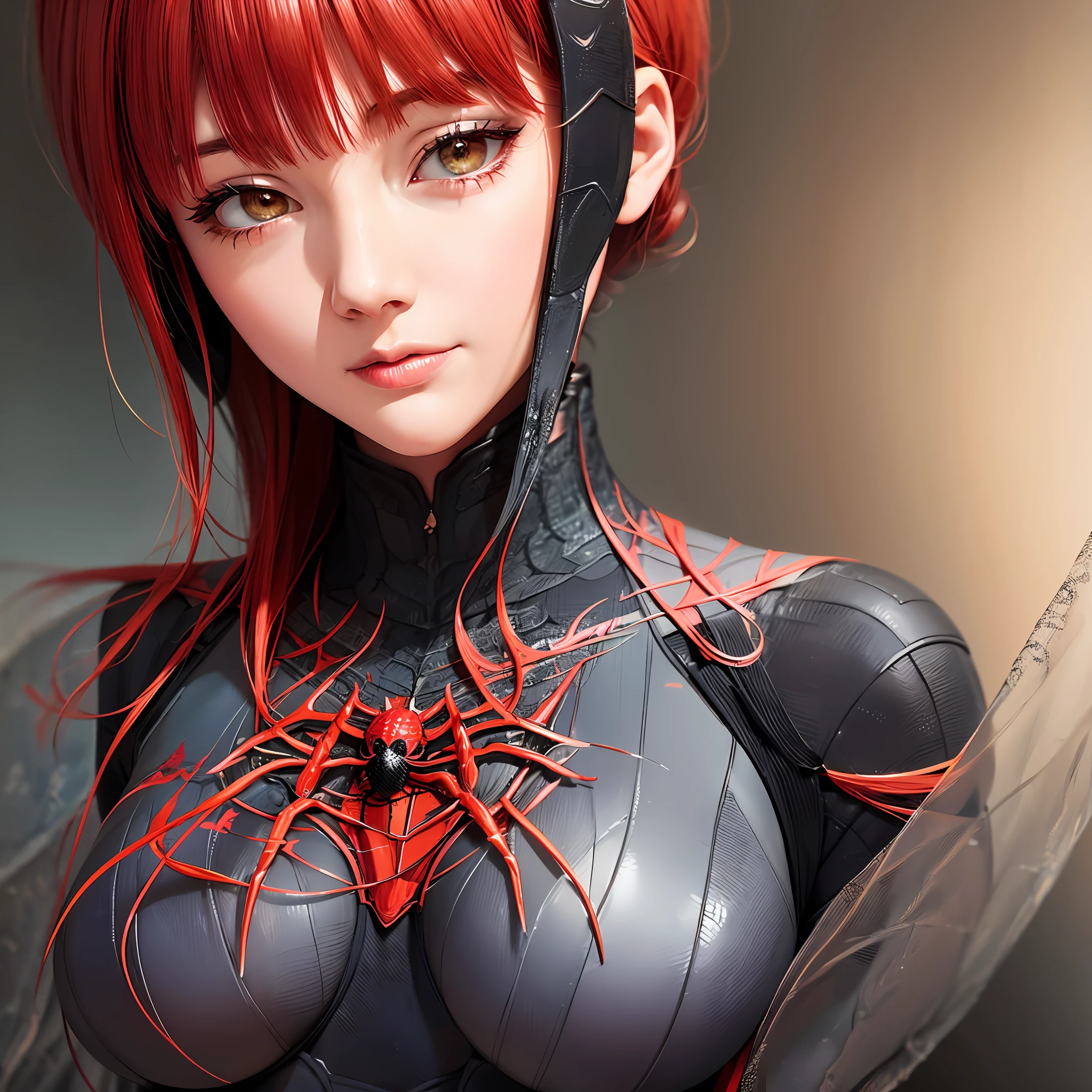 best quality,game cg,1girl, masterpiece, best quality, 8k, detailed skin texture, detailed cloth texture, beautiful detailed face, intricate details, ultra detailed, audrey hepburn, Spider-Man uniform, straight red hair, (Half body:1.2) --auto
