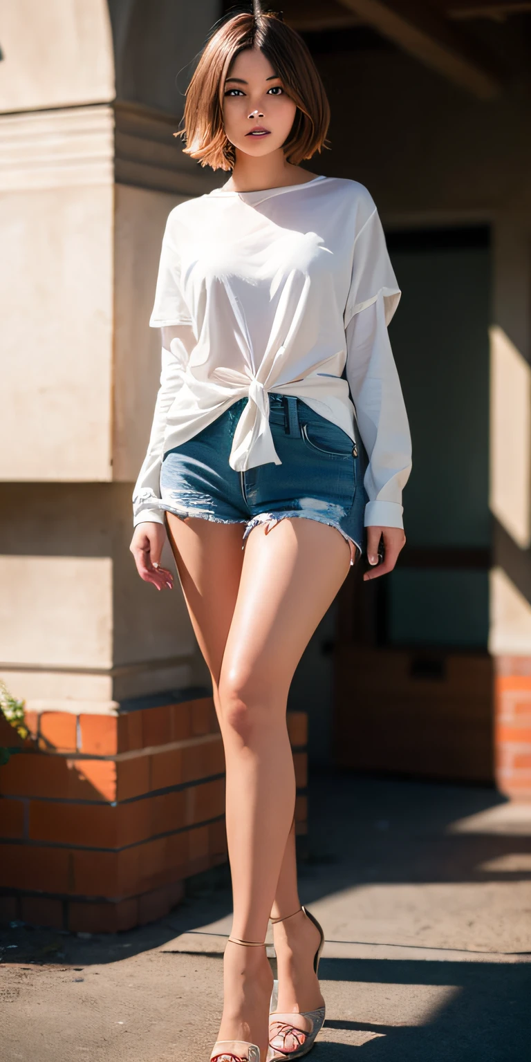 mix4, 20d, solo, short_hair, shirt, high_heels,full_body, look_at_viewer, (8k, RAW photography, top quality, masterpiece:1.2), (realistic, photorealistic:1.37), professional lighting, photon mapping, radiosity,physically based rendering,