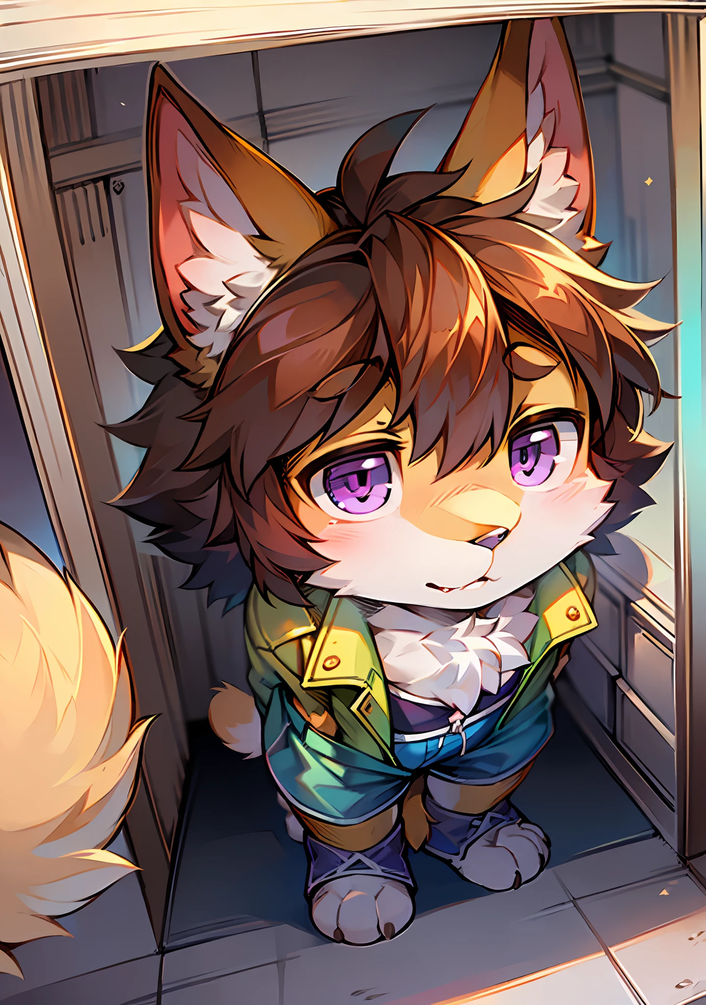 eyes with brightness, in a panoramic view, Character Focus Solo, shaggy, Furry male cat, Males have orange-yellow fur and a white belly, Rhyming purple eyes, brown  hair(The long），Wear blue shorts and shorts，CasualClothing，Young style，height of one meter seven，Handsome， has a tail，kiss
