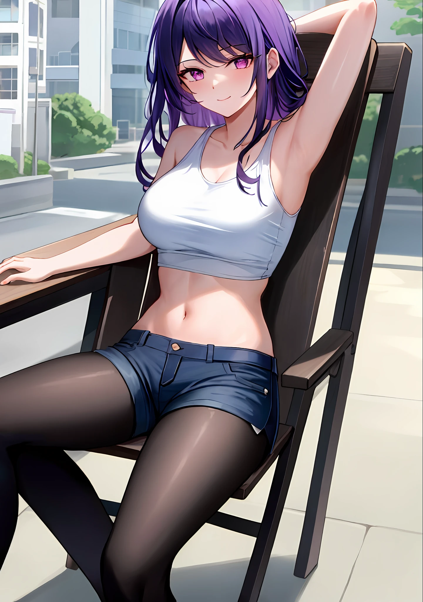 (masterpiece, best quality, ultra-detailed), keqing \(genshin impact\), (purple hair), swept bangs, braid, braided bangs, purple eyes, pink eyes,
(wearing a t-shirt:1.2), sitting on a chair outside of caf, embracing the natural beauty, sunlight, beautiful cloudy sky, city, street, denim shorts, black stocking,
medium breasts, thick thighs, critical angle, cowboy shot, arm behind head, arm behind back, armpits, light smile, crop top, strong and seductive expressions,,