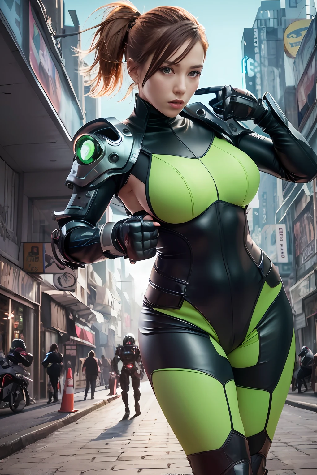 8K, Fuji Film, Photography, ((Green)) , Female redhead assassin and green background, Green eyes, American actress face, Science fiction, fatal, scybernetic, Cyberpunk, Future punk, technical suit, Dynamic pose, Fighting stance, Highly detailed, absurderes, (Best quality), Full armor, Mecha, cybersuit, exosuit, Cape, ((green solid color backdrop)), Natural skin, Photography, Lifelike, Sexy, Busty, (full body:1.4),Cyberpunk , futur, fcPortrait,