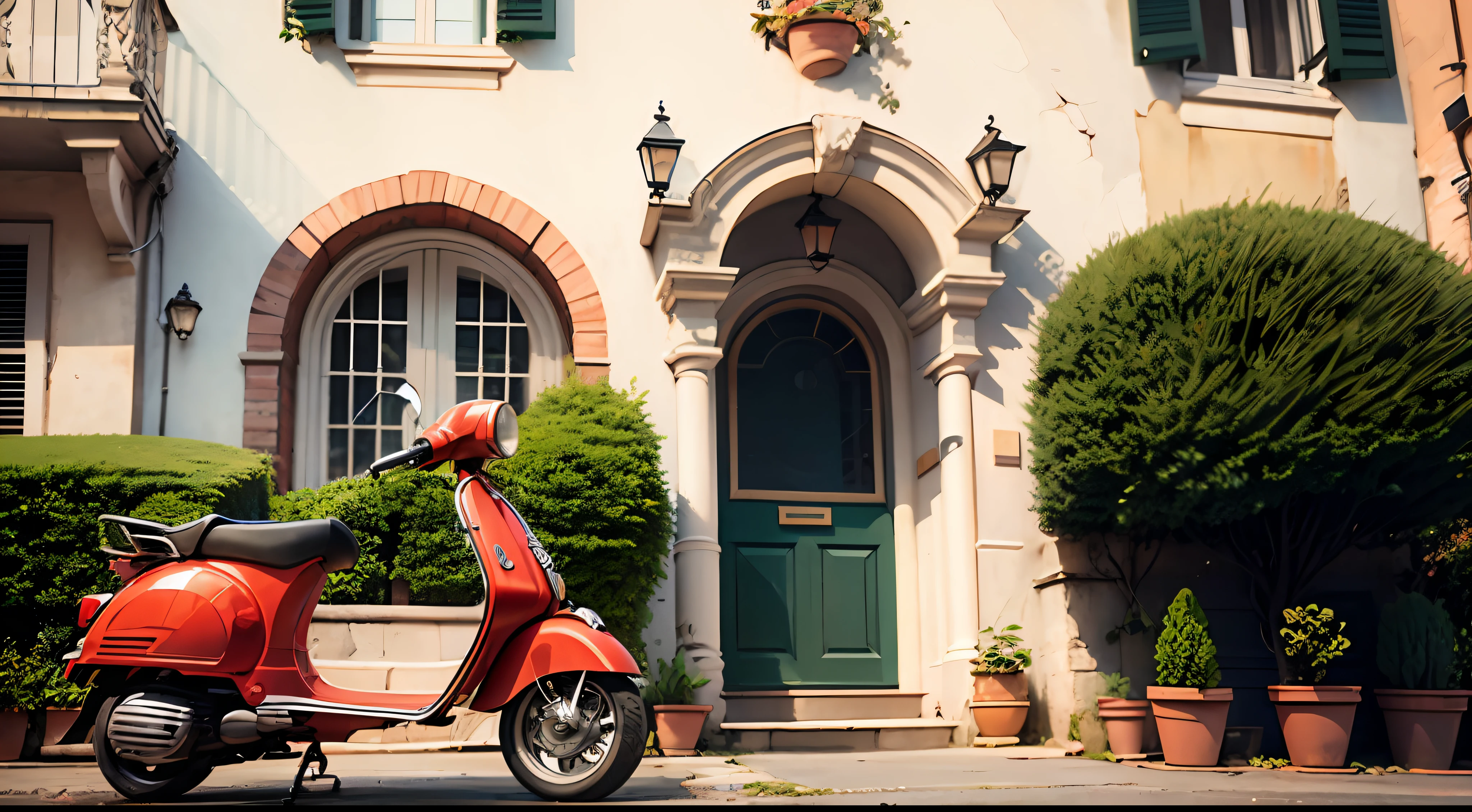 "It's a picturesque Italian villa with a lively red Vespa parked outside."