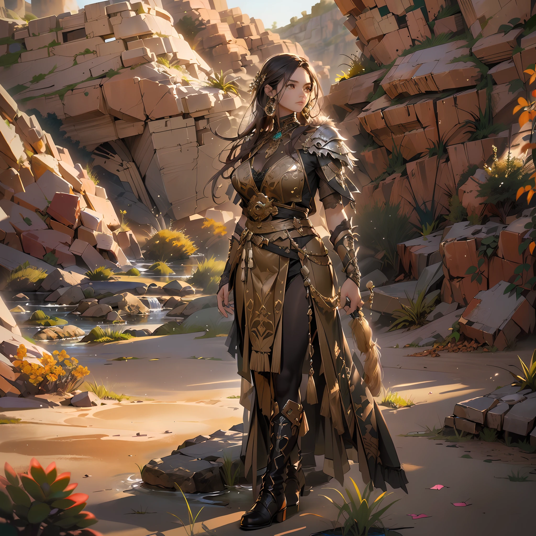 high details, best quality, 8k, [ultra detailed], masterpiece, best quality, (extremely detailed), dynamic angle, ultra wide shot, RAW, photorealistic, fantasy art, realistic art, a wide angle picture of a female human druid, knelling (1.5 intricate details, Masterpiece, best quality) talking to a cougar (1.5 intricate details, Masterpiece, best quality) in desert (1.5 intricate details, Masterpiece, best quality),  a female  wearing leather clothes (1.4 intricate details, Masterpiece, best quality), leather boots, thick hair, long hair, brown hair, tan skin intense brown eyes, desert background (intense details), a stream flowing in an oasis (1.4 intricate details, Masterpiece, best quality), sun light, dynamic light. dynamic angle, (1.4 intricate details, Masterpiece, best quality) 3D rendering, high details, best quality, highres, ultra wide angle
