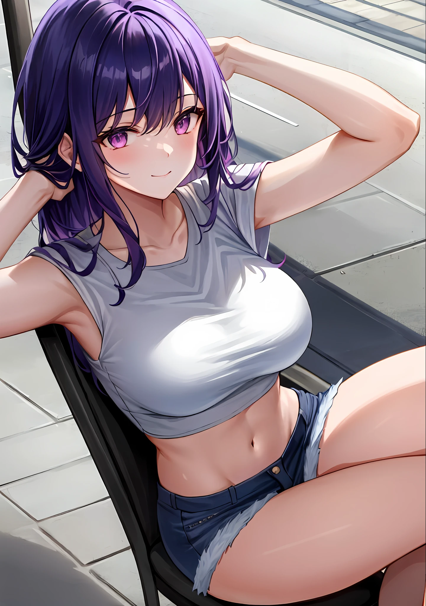 (masterpiece, best quality, ultra-detailed), keqing \(genshin impact\), (purple hair), swept bangs, braid, braided bangs, purple eyes, pink eyes,
(wearing a t-shirt:1.2), sitting on a chair outside of caf, embracing the natural beauty, sunlight, beautiful cloudy sky, city, street, denim shorts, black stocking,
medium breasts, thick thighs, critical angle, cowboy shot, arm behind head, arm behind back, armpits, light smile, crop top, strong and seductive expressions,,