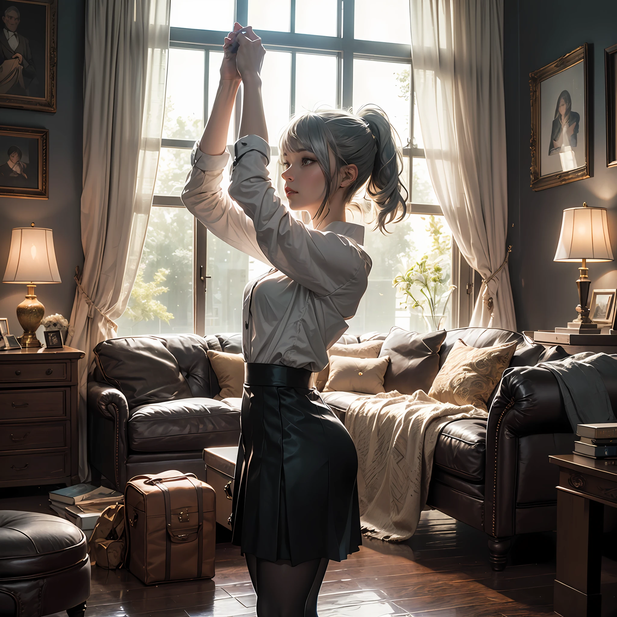 1 girl! Ray tracing, best shadows, high resolution (dim lighting) detailed background (living room) fluffy silver hair, plump and slender girl, high ponytail avoiding golden eyes in the ominous living room (girl wearing white shirt, black wrinkled skirt, with black transparent pantyhose), showing a delicate slim figure and graceful curves, correctly positioned and reasonable limbs! Put your hands behind your head, facial details! Delicate facial features, pay attention to the position details of the legs! Pay attention to hand details! High quality! More eligible! Reduce errors, ultra-detailed CG, more reasonable picture! Delicate finger detailing --auto