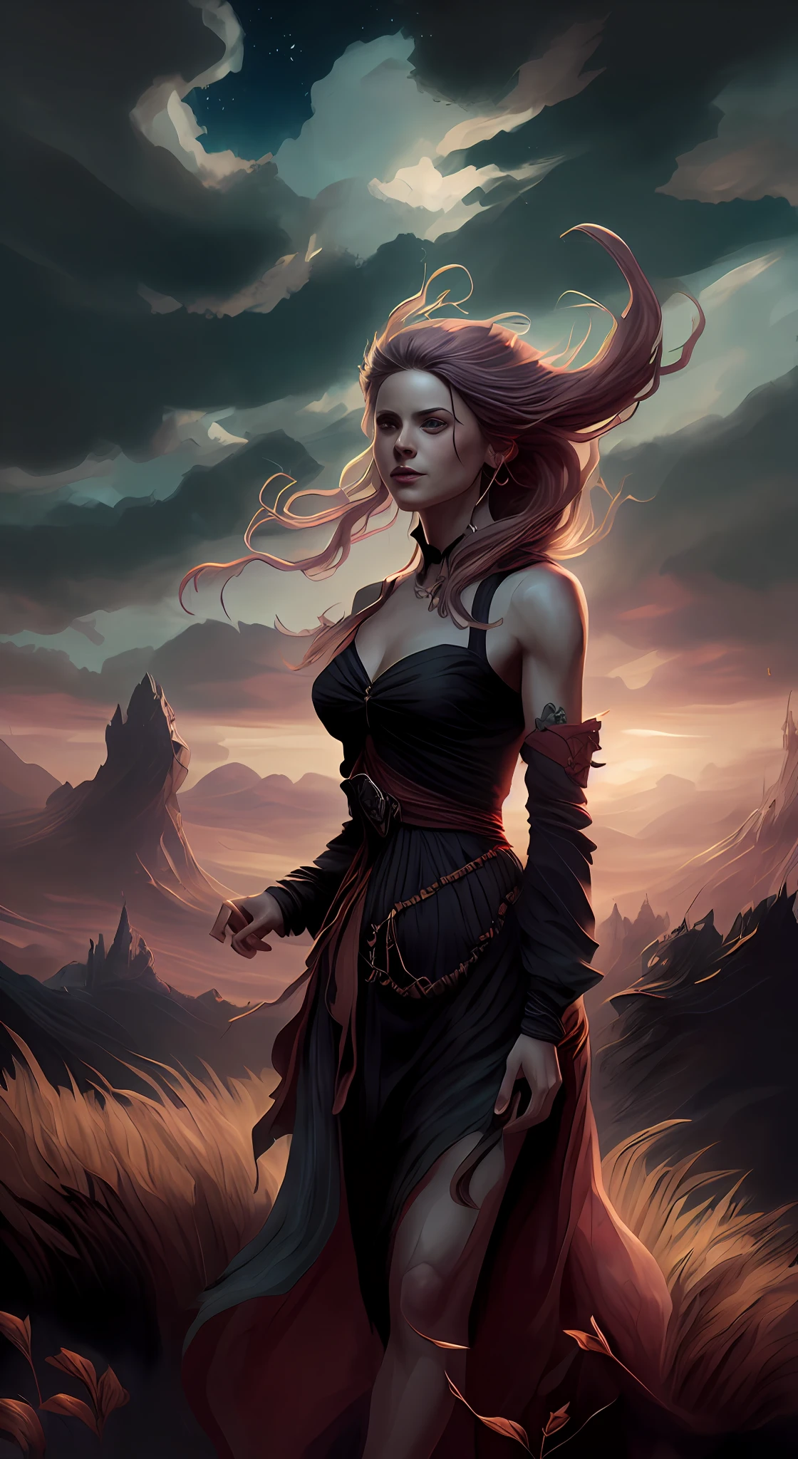 (((wide-angle lens image))) of a ((BEAUTIFUL COWGIRL)) girl in ((field)) at ((sunset)), ((highest detail)), ((dancing happily outdoors)) with ((Long black dress)) and ((long hair blowing in the wind)), ((sunset scene))., Arafed woman in a blue dress standing in a field, Epic Fantasy Digital Art Style, epic fantasy art portrait, Epic fantasy art style, epic fantasy art, fantasy genre portrait, arte do personagem charlie bowater, arte de estilo fantasia escura, retrato de fantasia fosco detalhado, arte de fantasia digital 2d detalhada, epic fantasy HD art style, epic fantasy character art