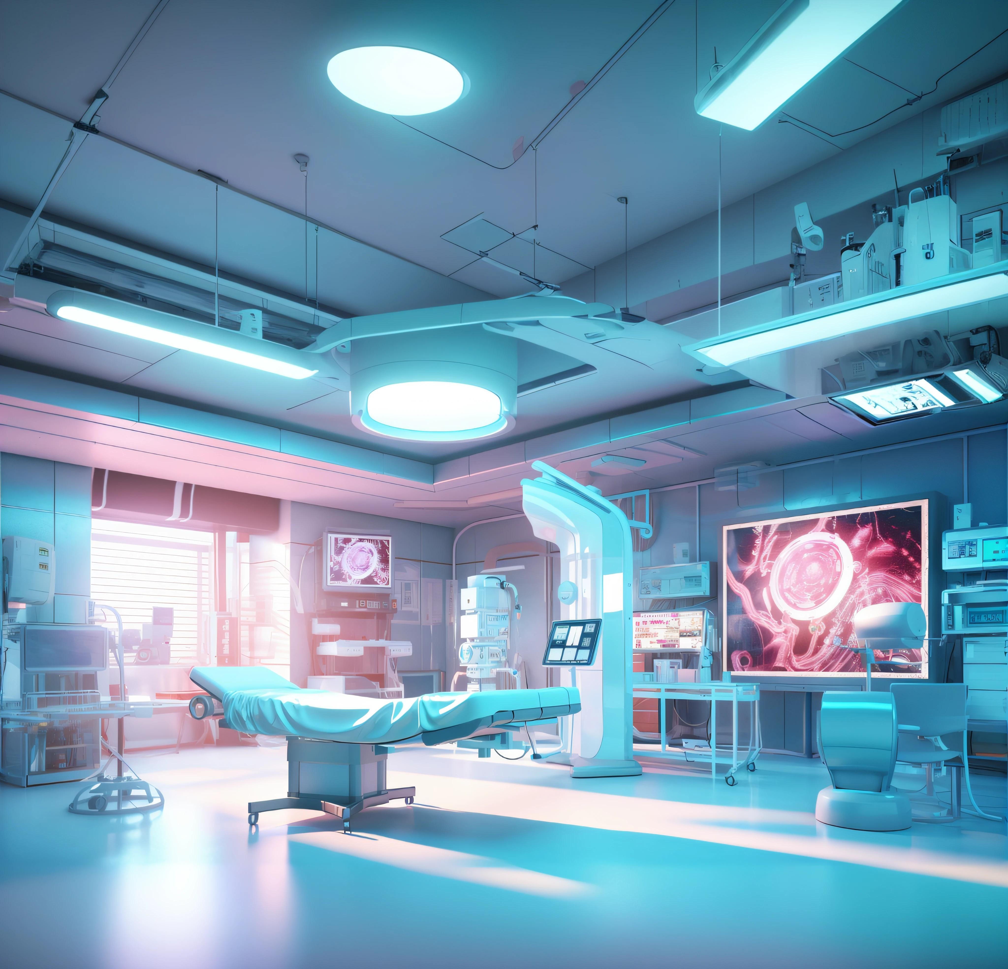 There is a ward with bed and monitor, futuristic laboratory, surgery room, in futuristic laboratory room, digital medical equipment, futuristic scientific laboratory, Futuristic room, medical lighting, Hospital interior, sickroom, hospital in background, scifi room, sci - fi interior, 3 d render beeple, futuristic room background, clean medical environment, medical lab, Medical equipment