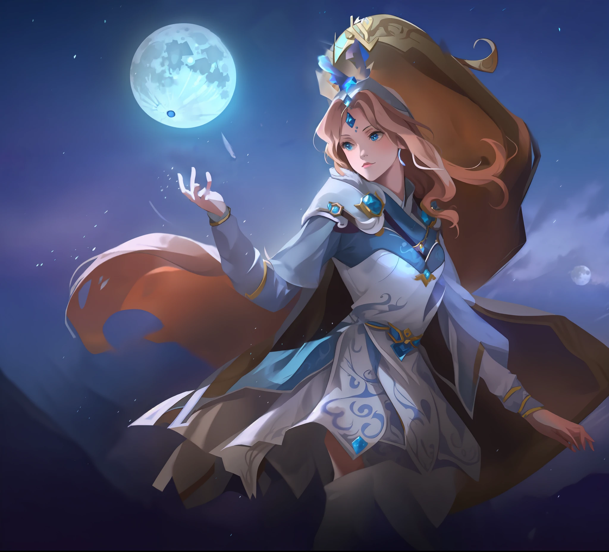 a woman in a white dress and a blue cape is standing in front of a full moon, goddess of the moon, lunar goddess, lunar themed attire, moon goddess, beautiful celestial mage, also known as artemis the selene, goddess of the hunt and the moon, inspired by Yang Jin, unknown, inspired by Ju Lian, moon ryas, heise jinyao