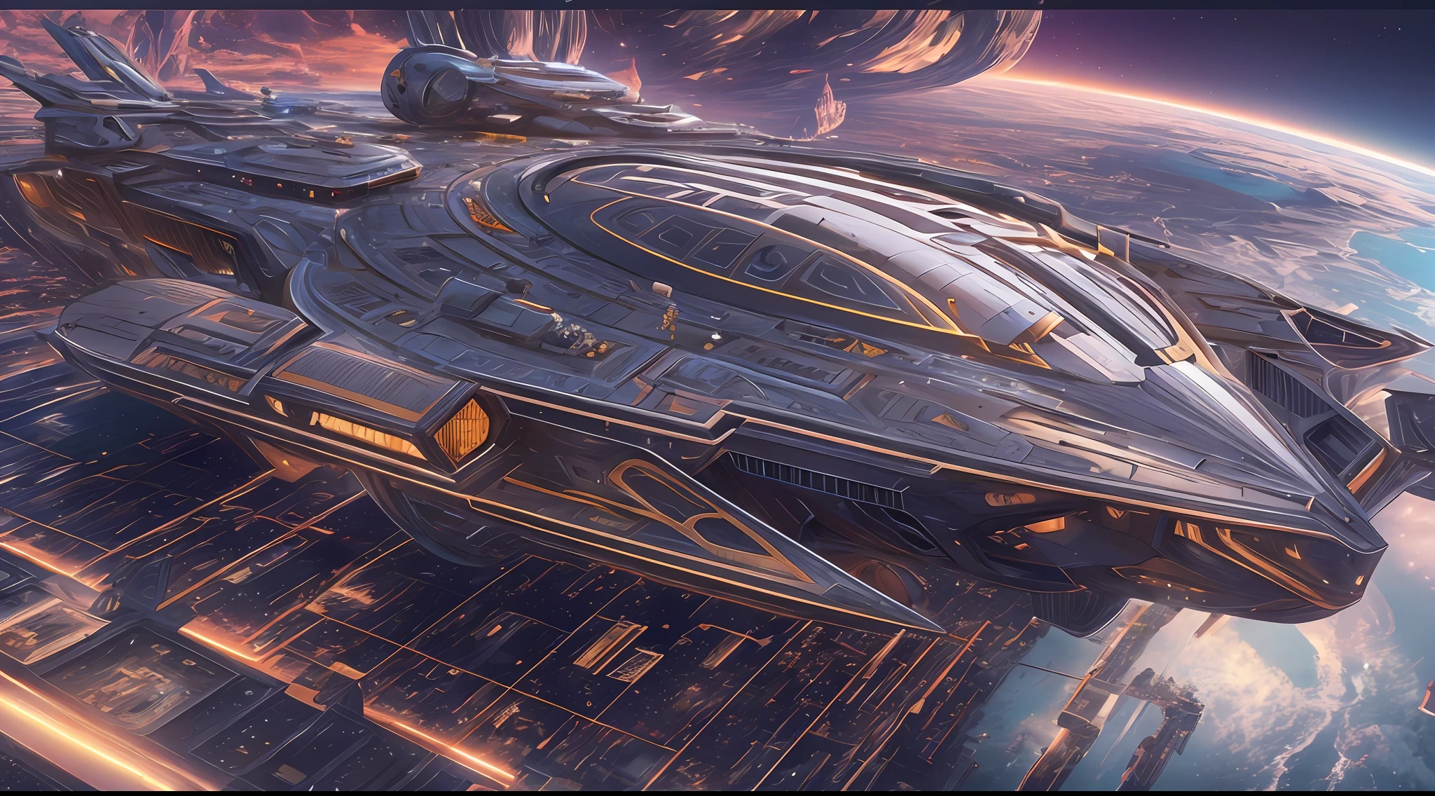 Starship，The future is full of technology，Complex symmetrical structure，Ultra-detailed graphics，glittery，（Starships have a strong metallic sheen：1.3），Cockpit exterior，Close up in the middle and near range，Silvertone，Streamlined，Space scene：1.3，（Earth background：1.3），rendering by octane，Ultra photo realsisim，hyper realisitc，A masterpiece of science fiction，Cinematic texture，hyper photorealism，Premium wallpapers，Master masterpieces，offical wallpaper.（Screen Living：1.3）