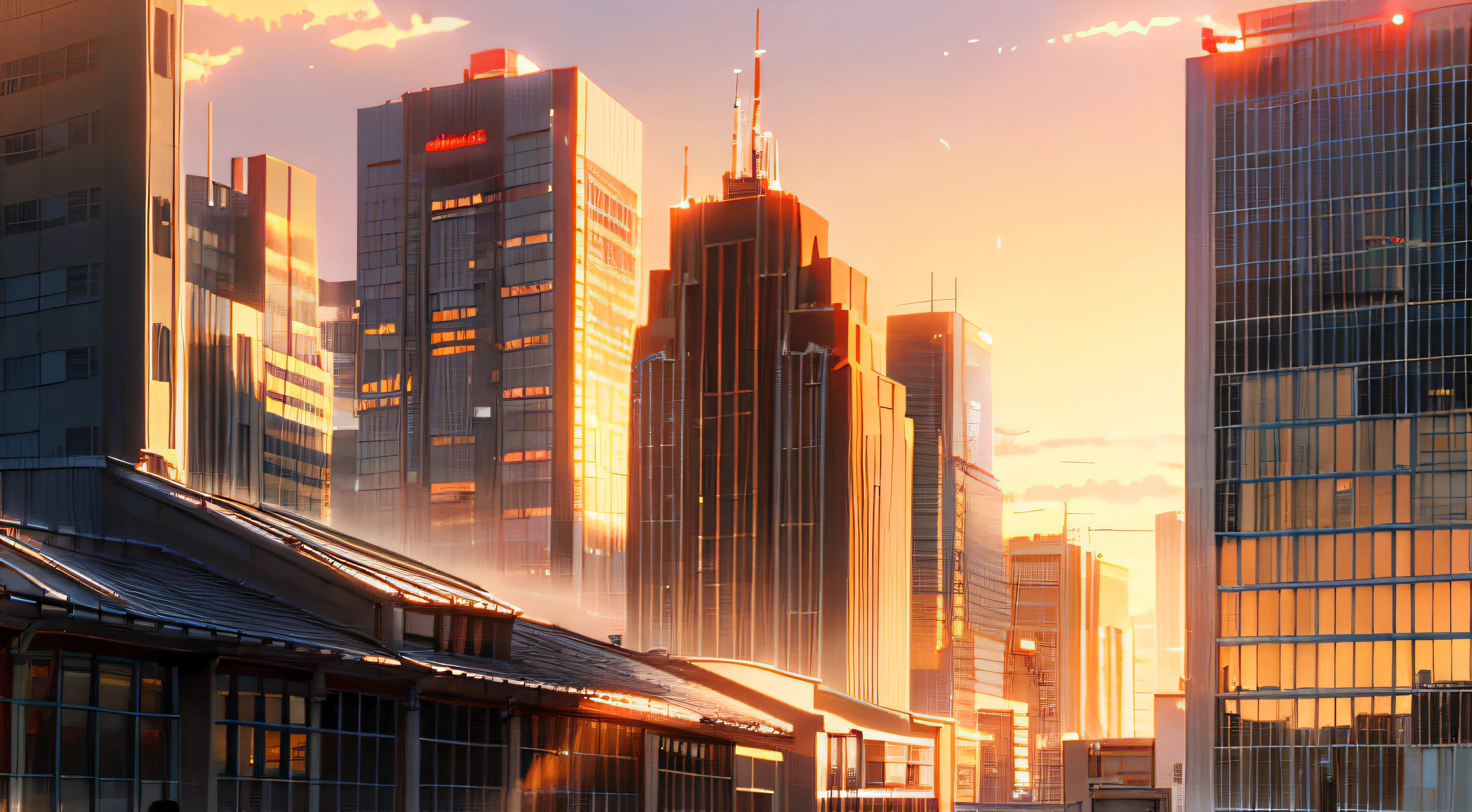 (Masterpiece: 1.2, highest quality), (Lighting) 3, detailed anime-style illustrations, urban buildings dyed by the setting sun looking up from below, buildings in shadow and looking dark and hazy. The entire screen is bright red, Makoto Shinkai, anime style, and the sky is also dyed bright red.