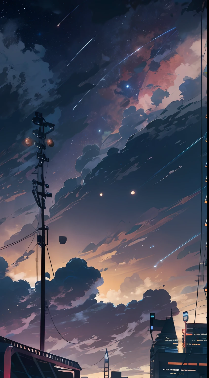 octane,Skysky,As estrelas(Skysky),scenecy,starrysky,the night,sandbeach,1girll,nigh sky,独奏,exteriors,buliding,clouds,galactic,sitted,The tree,Long hair,城市,siluette,view over city