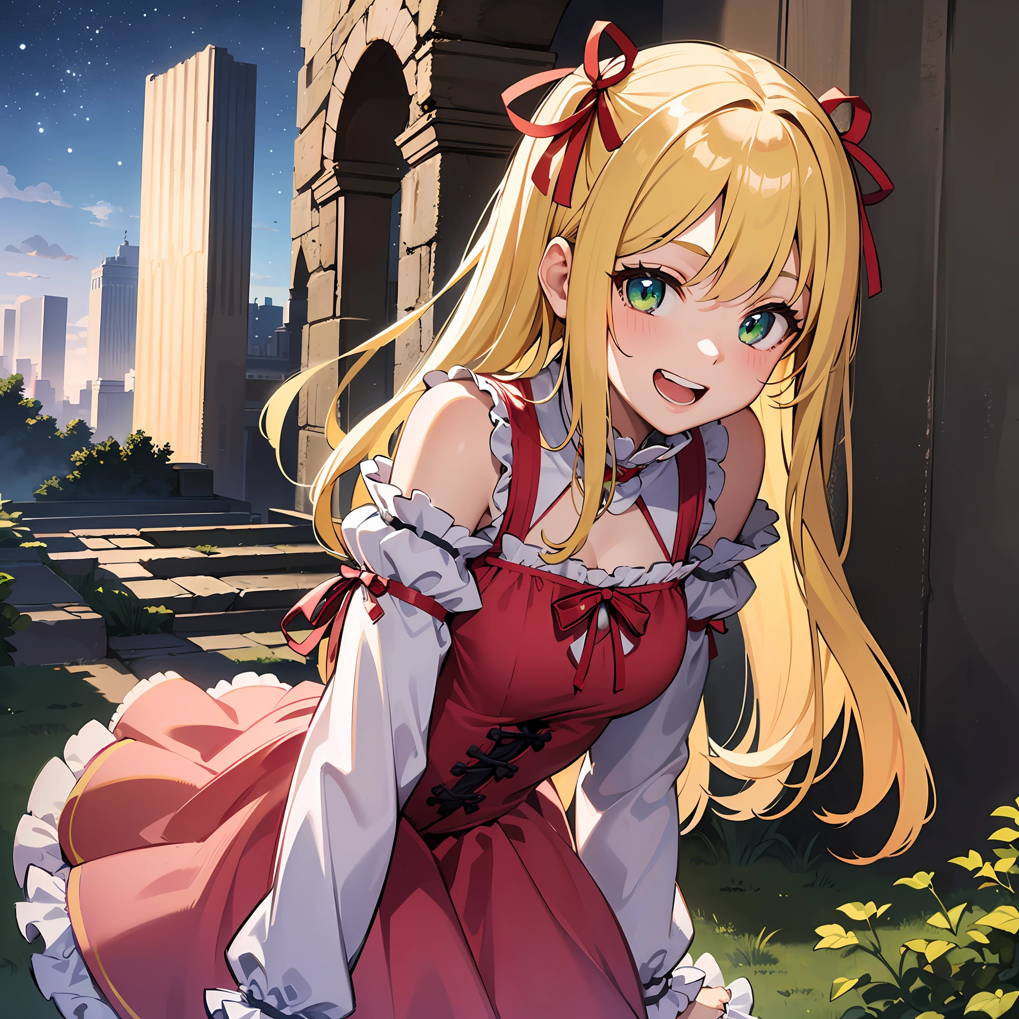 (masterpiece:1.3), (best quality:1.3), high resolution,
couboy shot,
leaning forward, body facing forward,
(one cute girl:1.3), solo,
white skin, small Breast, eight-headed person,
light yellow hair, long hair, red ribbon, fluffy hair, beautiful hair, green eyes, beautiful detailed eyes,
open mouth, grin, cheerful smile,
frilled dress, pink dresses,
outdoors, Ruins of beautiful details, night sky, historic ruins,
shadowlighting,