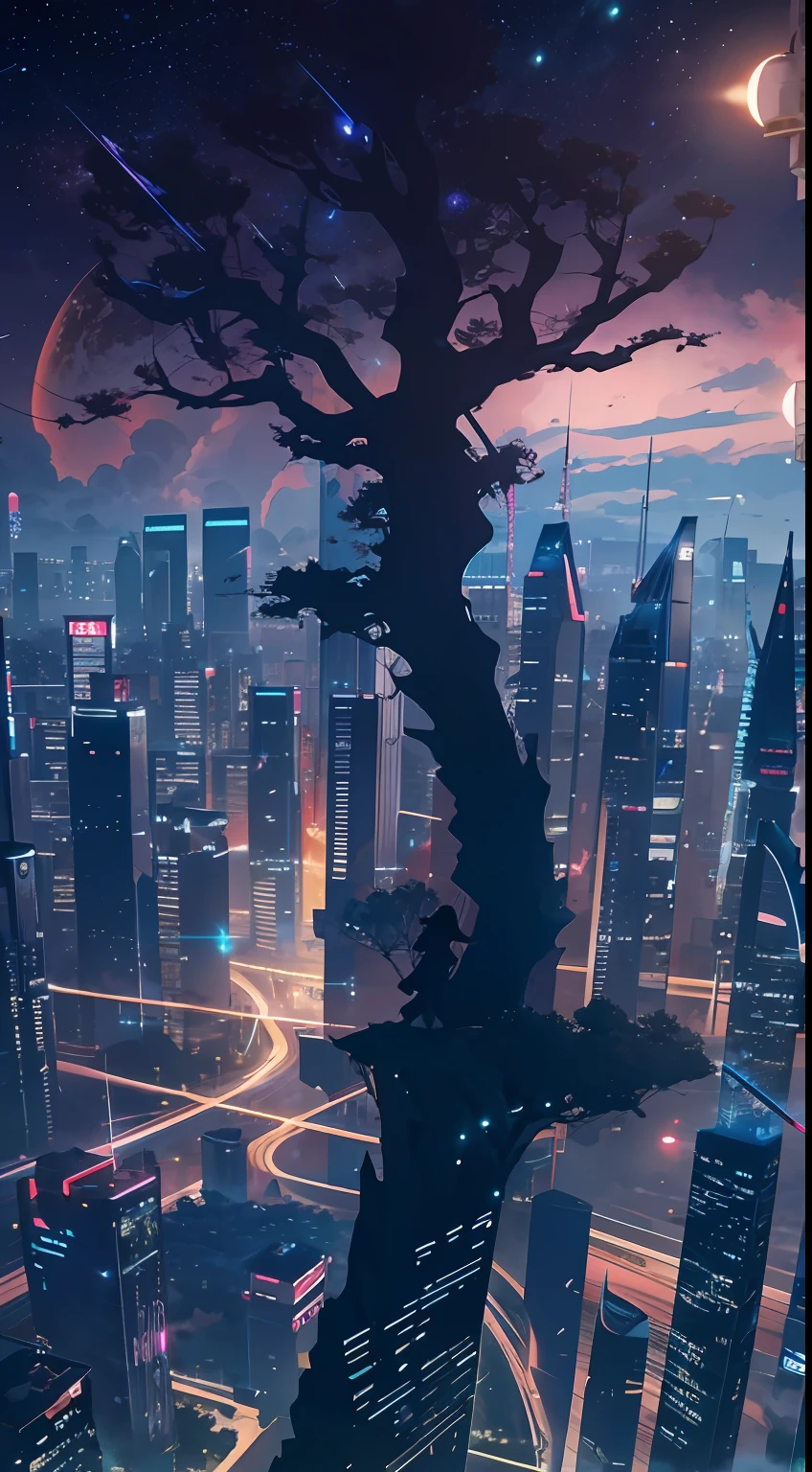 octane，Skysky，As estrelas（Skysky），scenecy，starrysky，the night，sandbeach，1girll，nigh sky，独奏，exteriors，buliding，​​clouds，galactic，sitted，The tree，Long hair，城市，siluette，view over city