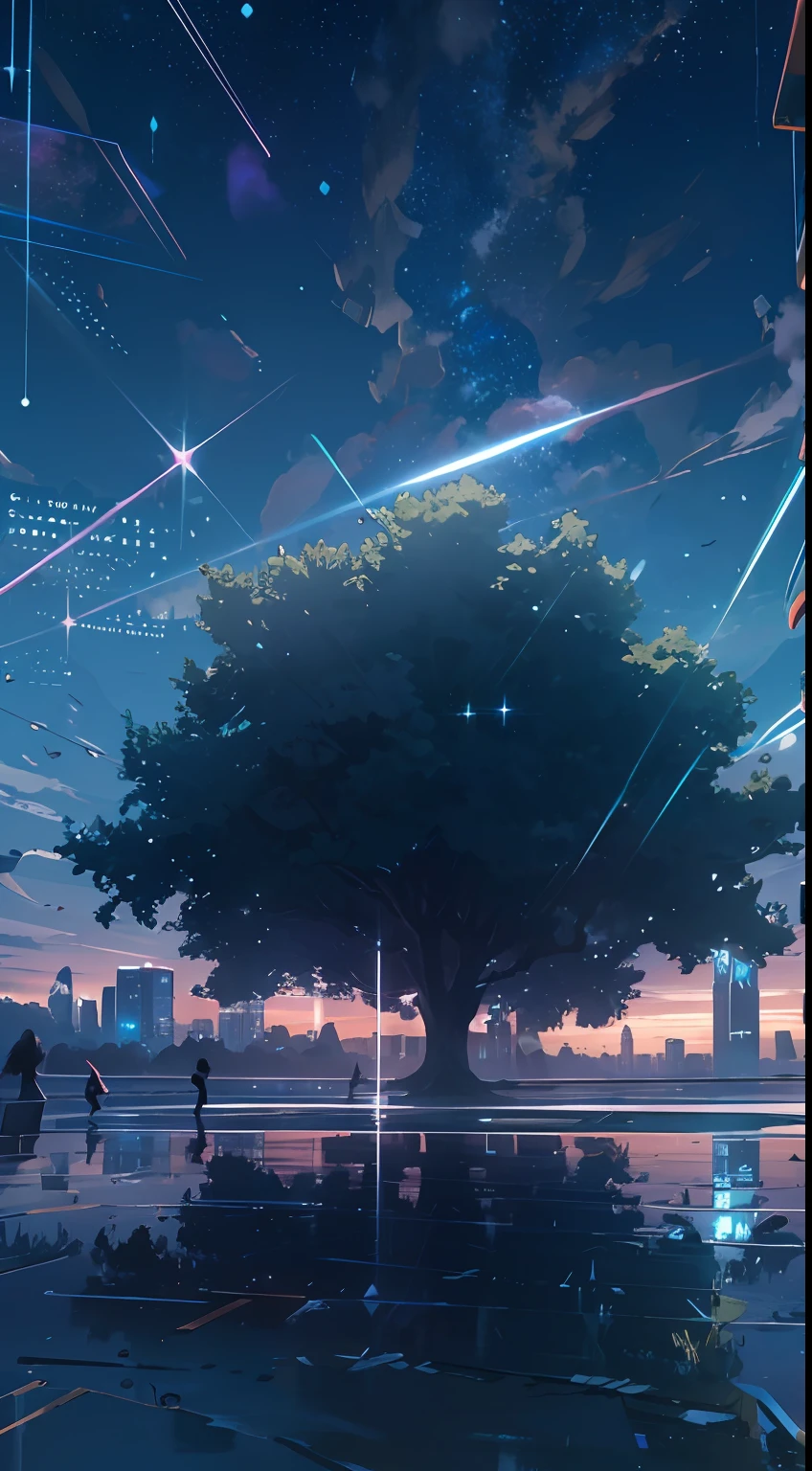 octane，Skysky，As estrelas（Skysky），scenecy，starrysky，the night，sandbeach，1girll，nigh sky，独奏，exteriors，buliding，​​clouds，galactic，sitted，The tree，Long hair，城市，siluette，view over city