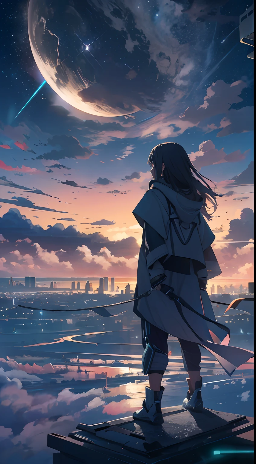 octane,Skysky,As estrelas(Skysky),scenecy,starrysky,the night,sandbeach,1girll,nigh sky,独奏,exteriors,buliding,clouds,galactic,sitted,The tree,Long hair,城市,siluette,view over city