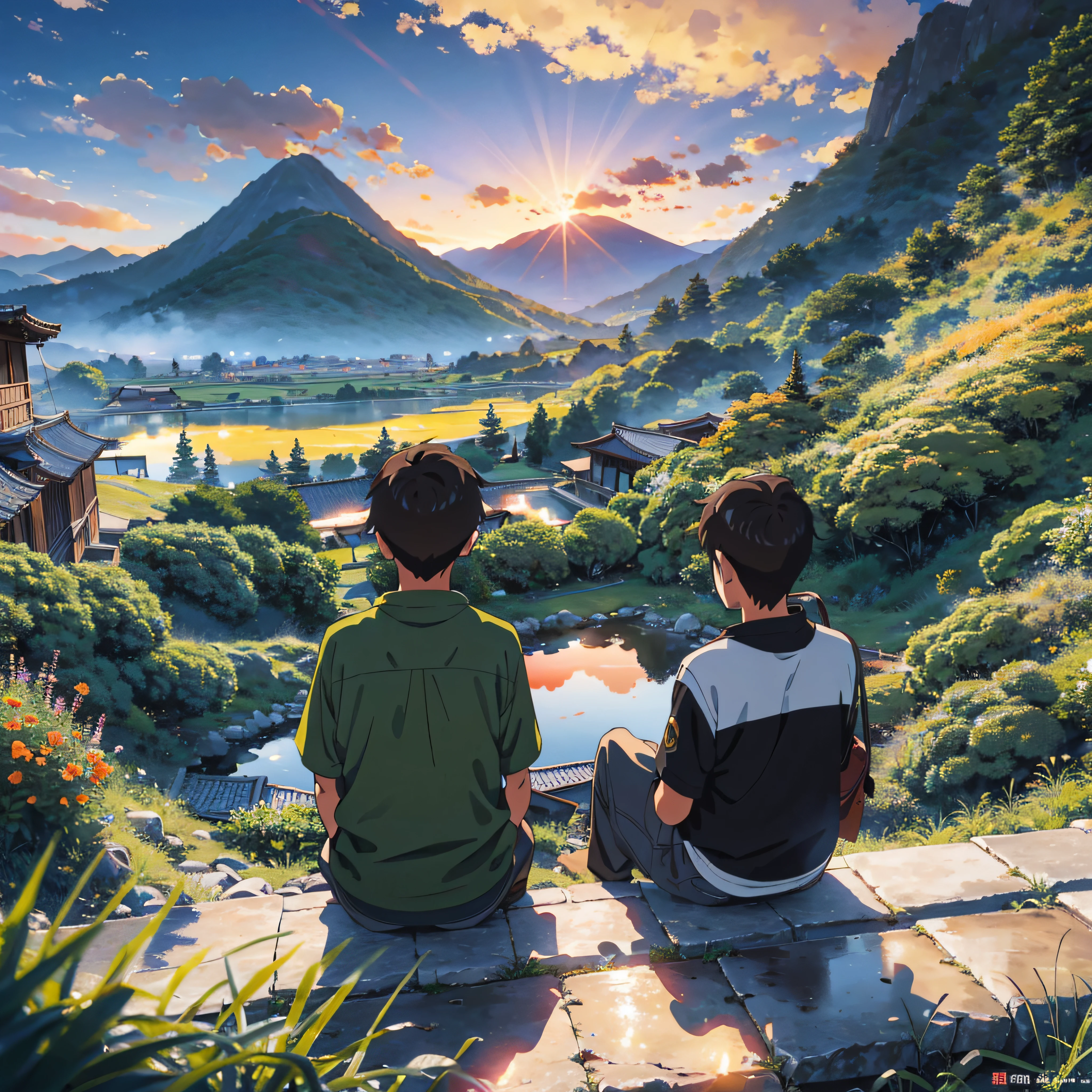 Miyazaki painting style, Illustration, over the shoulder perspective, Back, Halo, Pair of brothers sitting under green brick and black tile eaves watching sunset in the distance, One of the slightly younger boys pointing to the distant scenery, Sitting under the eaves, The viewpoint of the photo is、It is located over the shoulder of two s watching the sunset in the distance, There are rolling mountains in the distance, The top of the mountain is a reddish sunset, There is a square rice field under the mountain, pond, The edges of the blue sky are glowing orange, In the foreground of the photo you can see a small black tile eaves, realistic oil painting