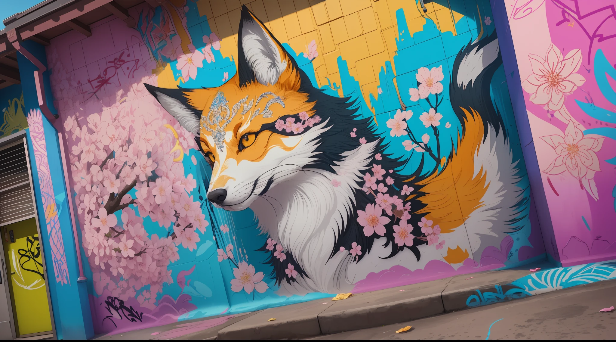 A highly detailed picture of graffiti, beautiful colors, intricate patterns, sakura bloom symbolism, kitsune undressing, ((detailed background, detailed graffitti wall)), photorealistic, colorful, viewed from front, low angle view, digital art, highly detailed, fine detail, intricate, ornate, complex, octane render, unreal engine, photorealistic, 8k, 16k,