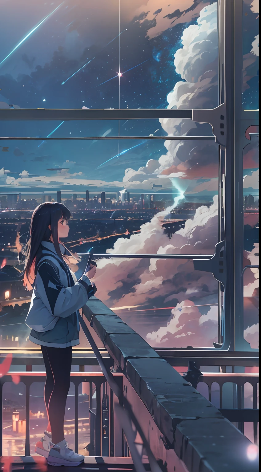 octane，Skysky，As estrelas（Skysky），scenecy，starrysky，the night，sandbeach，1girll，nigh sky，独奏，exteriors，buliding，​​clouds，galactic，sitted，The tree，Long hair，城市，siluette，view over city