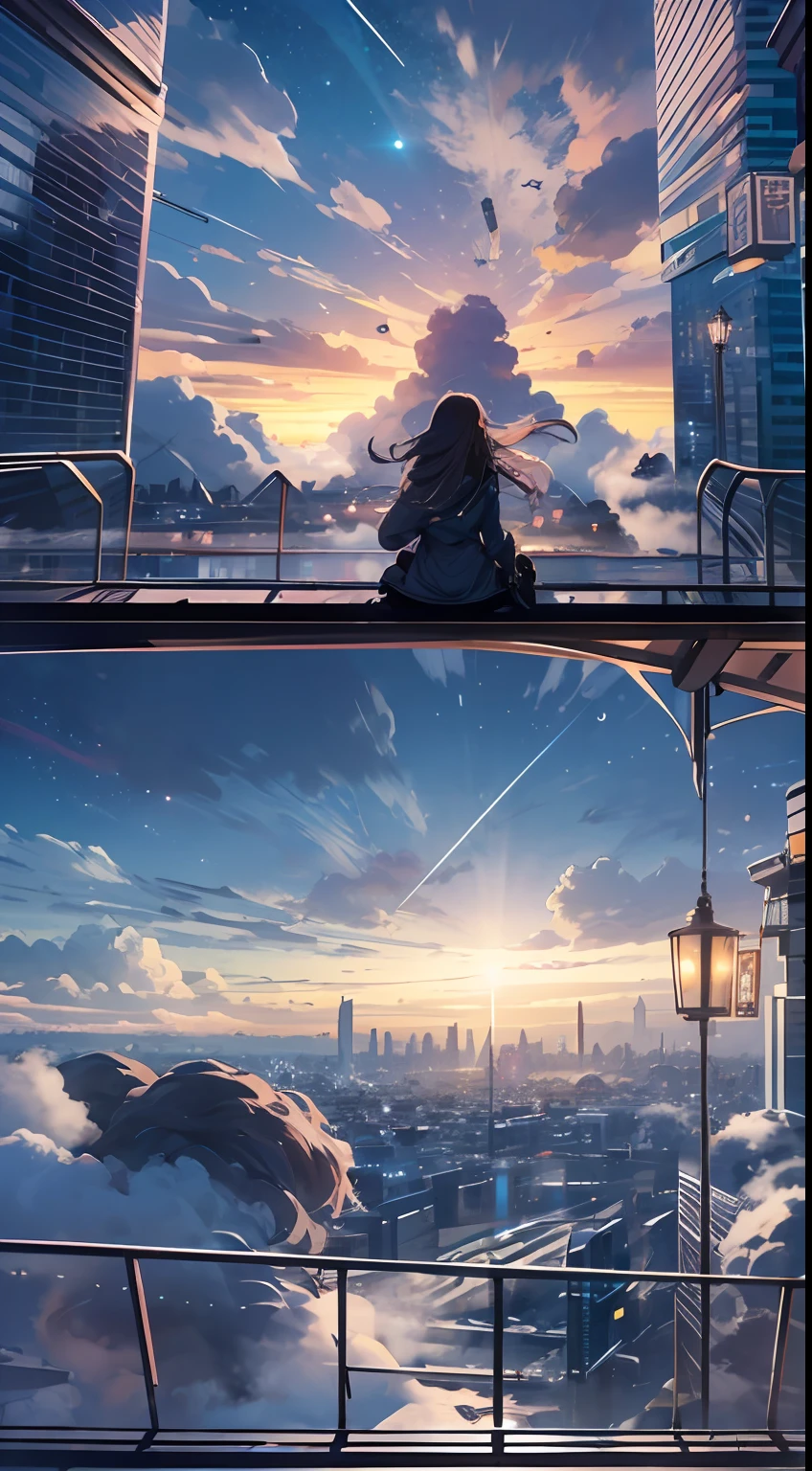 octane，Skysky，As estrelas（Skysky），scenecy，starrysky，the night，sandbeach，1girll，nigh sky，独奏，exteriors，buliding，​​clouds，galactic，sitted，The tree，Long hair，城市，siluette，view over city