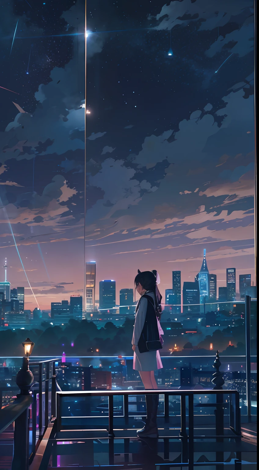 octane，Skysky，As estrelas（Skysky），scenecy，starrysky，the night，sandbeach，1girll，nigh sky，独奏，exteriors，buliding，​​clouds，galactic，sitted，The tree，Long hair，城市，siluette，view over city