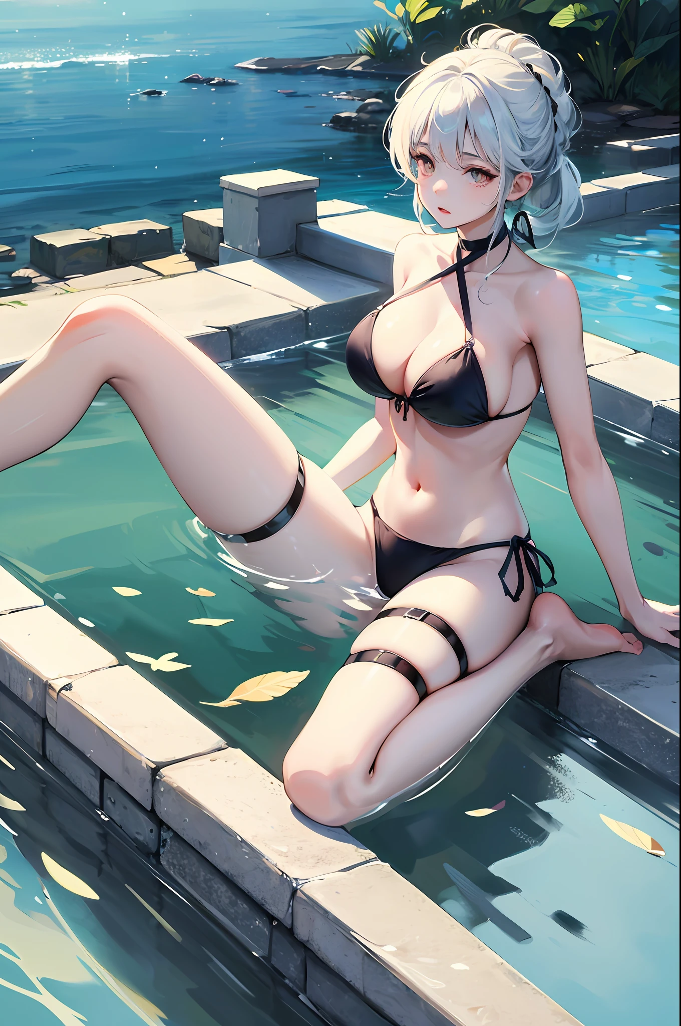 In a floating pond with ice in the middle of winter、Girl bathing with a frozen expression。The bikini、large breasts,bdsm,masohism,