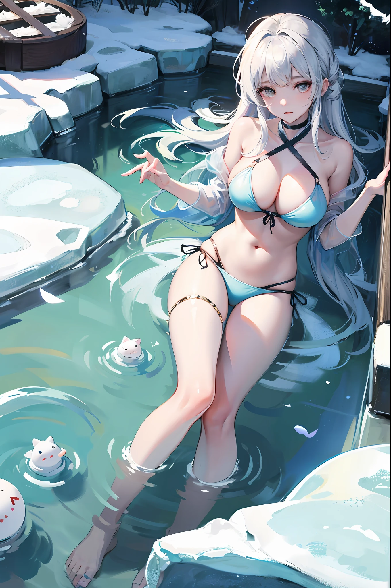 In a floating pond with ice in the middle of winter、Girl bathing with a frozen expression。The bikini、large breasts,bdsm,masohism,