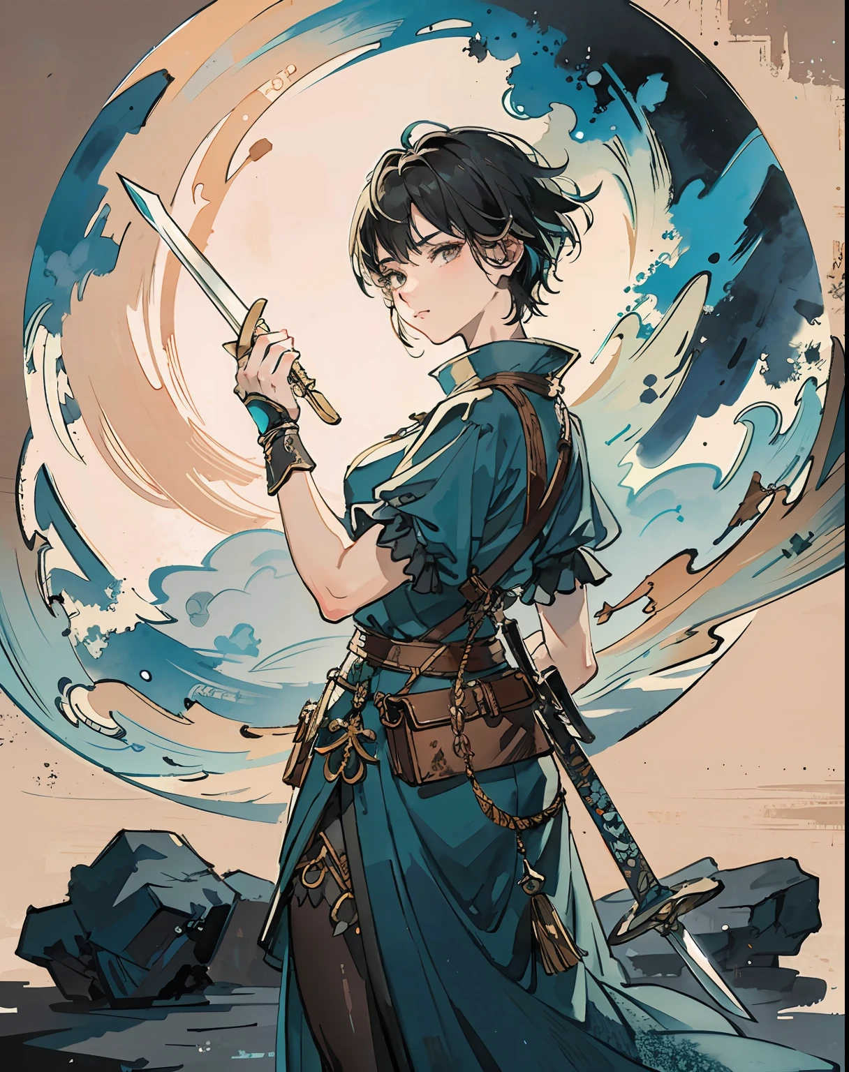 masterpiece chinese watercolor and ink painting, 1girl holding a sword in front of the full big moon. by rembrandt and artstation trending, 8k, highly detailed, turquoise rustic color scheme, detailed, atmospheric light, cinematic, epic, highly detailed, hd, digital painting, deviant art, concept art, smooth, sharp