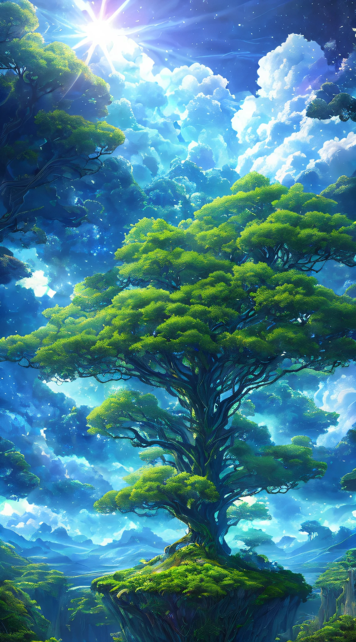 Illustration of a surreal, otherworldly, hyper sky scene including a giant crystal tree full body, highly detailed and magical lighting, intricate forest details, vegetation and surrounding river, solar punk, landscape, giant tree , beautiful green leaves, beautiful lighting and realistic proportions, as if this is a movie background, 8k, highest quality, masterpiece, clouds and stars in the sky.