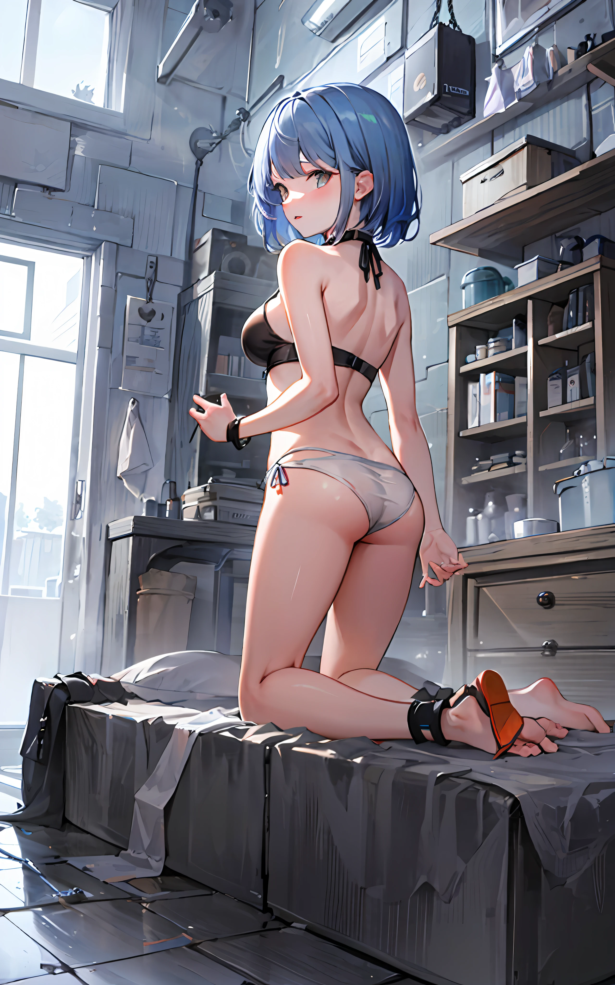 master piece,1little girl,独奏,Blue-haired,short-haired,Hair intake,ripped clothing,Cuffed,chains,anklets,(Knelt:1.3),(all-fours),from the rear,s ass,fluid is coming out of the into the a cage,Bare back,Chain of Chain,bare-legged,