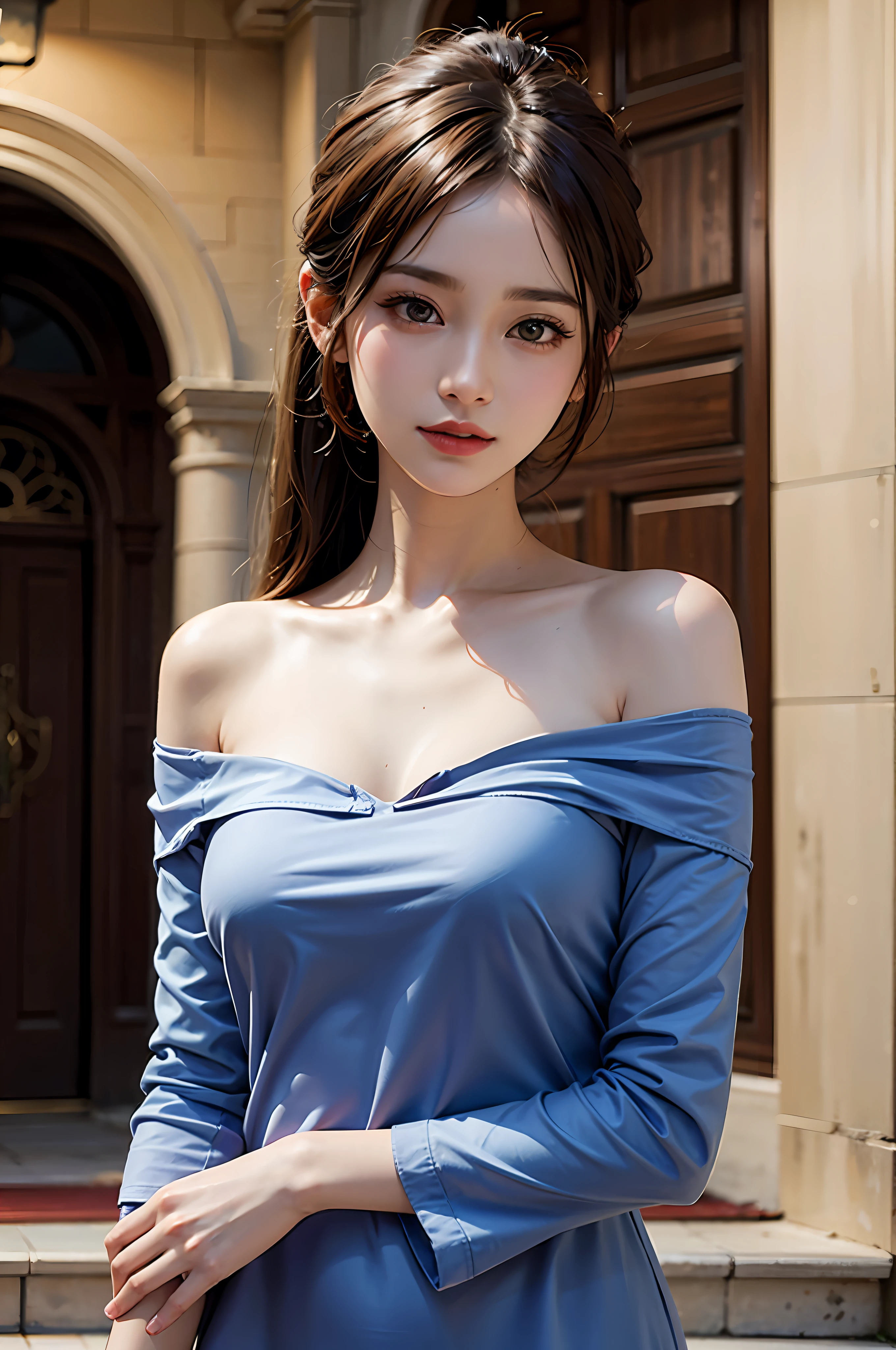 best qualtiy,sface focus,Look at the audience head-on,the soft light,(depth of fields),超高分辨率,(Photorealsitic:1.4),RAW photos,Bigboobs,Open navel,Bare shoulders,By bangs,Long ponytail hairstyle,(sportrait:1.4),(From the front side)1girll,独奏,adolable,(Shy,ssmile:1.1),(with brown eye),Detailed beautiful face,(mid day_Hair), The hall of the castle at night,Walk,(off-the-shoulder shirts),