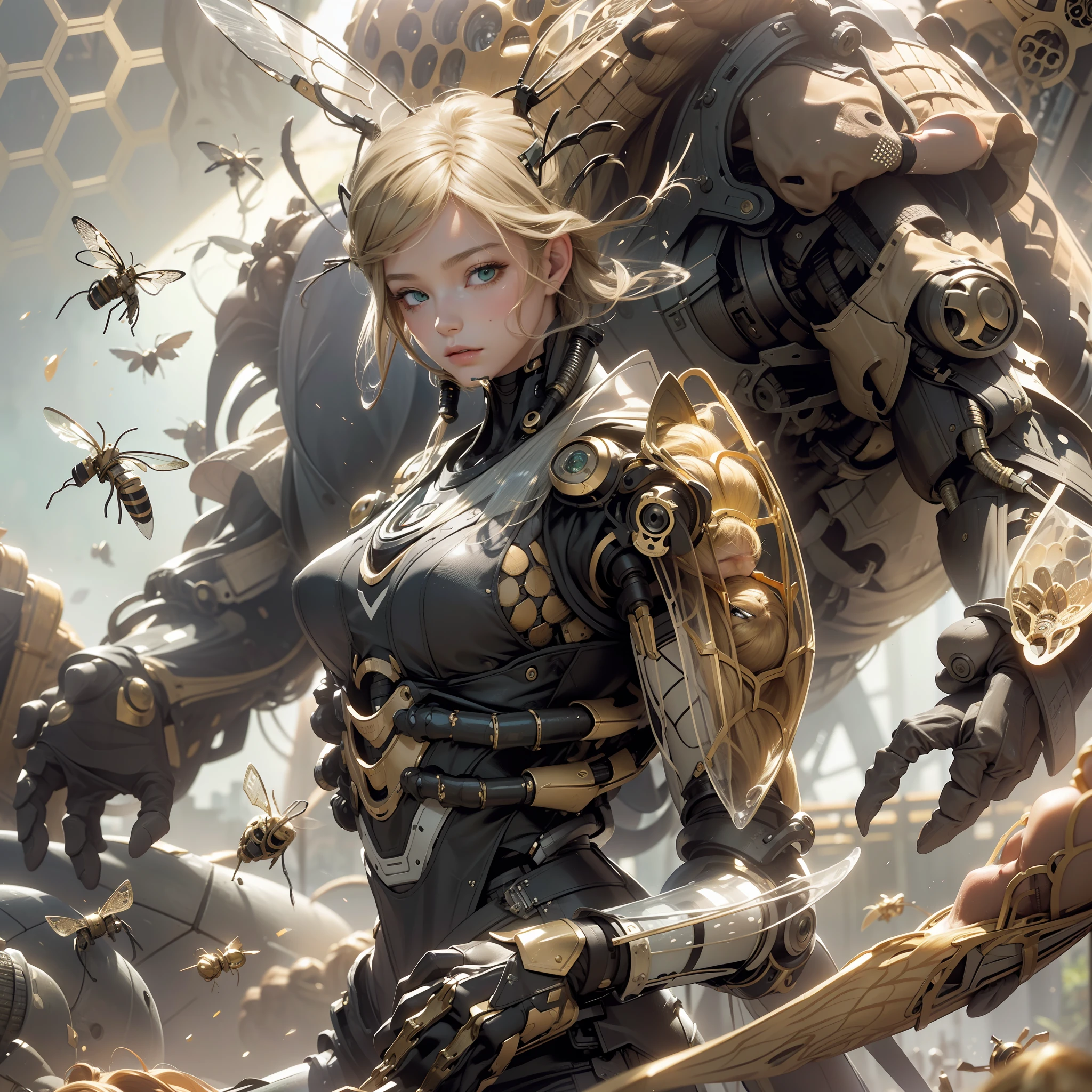 (masterpiece), (best quality), (ultra detailed),(disheveled hair),(illustration),Face-blank faces,girl face,blonde long wavy hair,green eyes,Artificial skin,Bionic Man