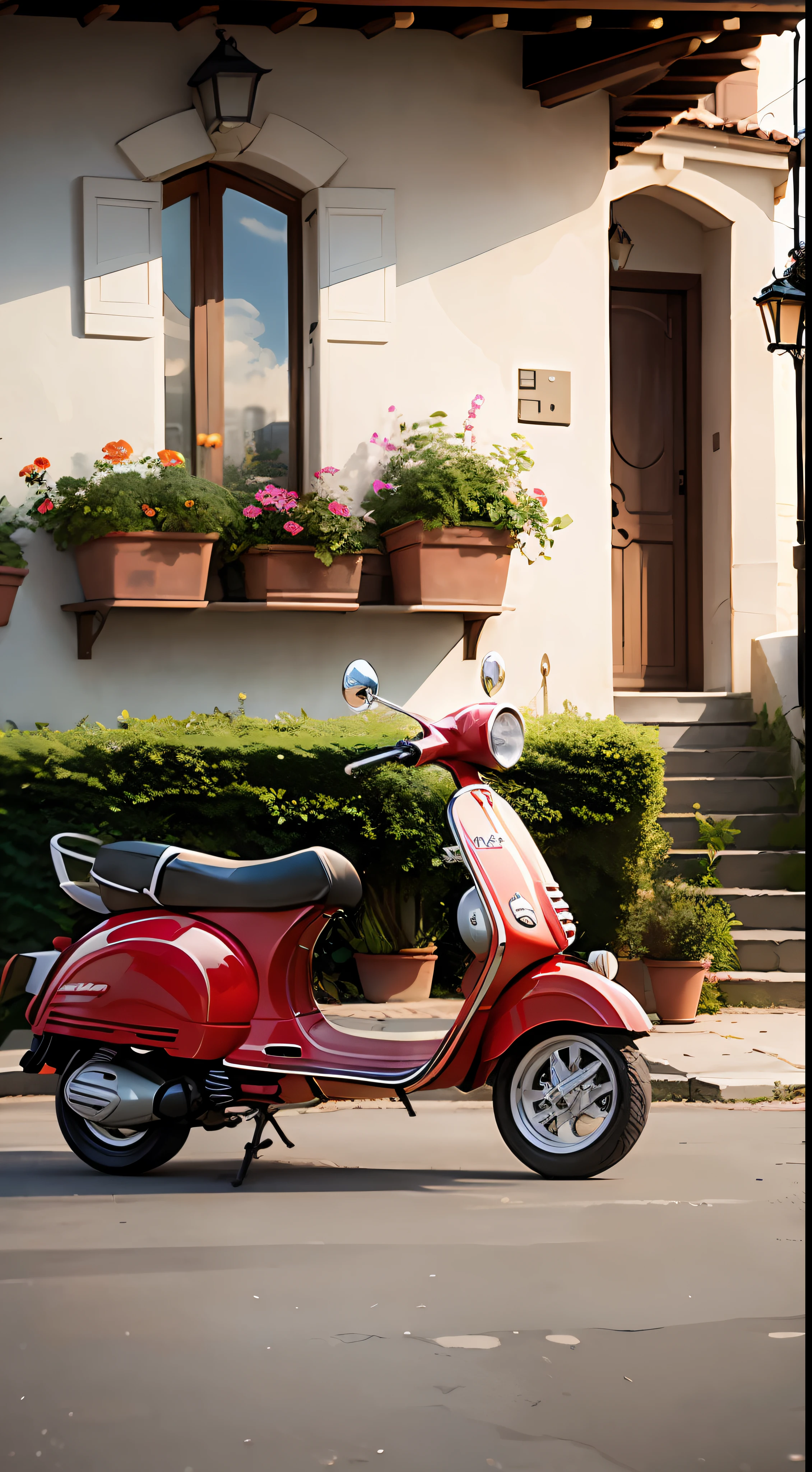 "It's a picturesque Italian villa with a lively red Vespa parked outside."