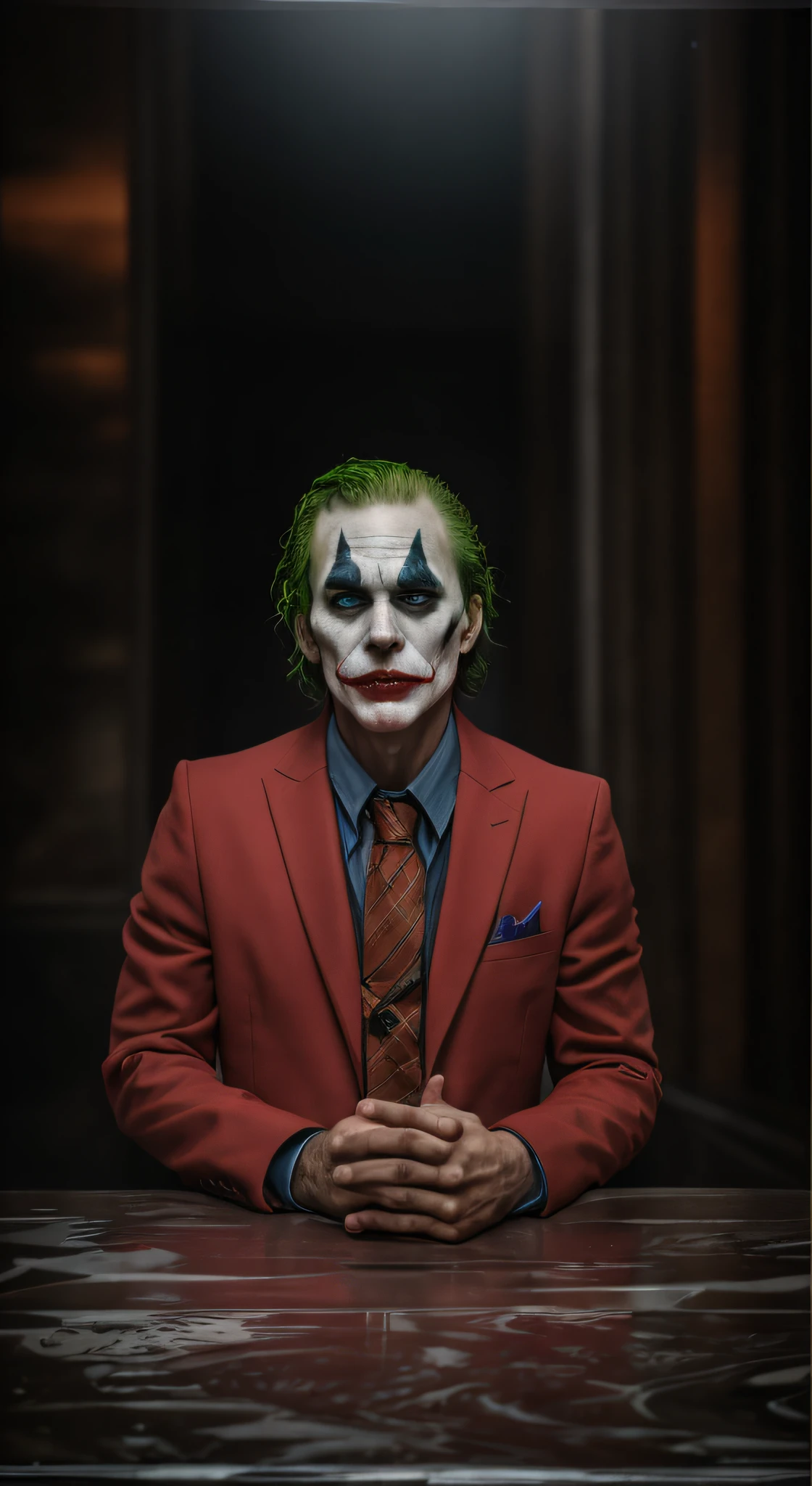 dark and gloomy, hyper realism, 8k, a close up photo of the joker , perfect eyes, lifelike texture, dynamic composition, Fujifilm XT2, 85mm F1.2, 1/80 shutter speed, (bokeh), high contrast, gotham city background