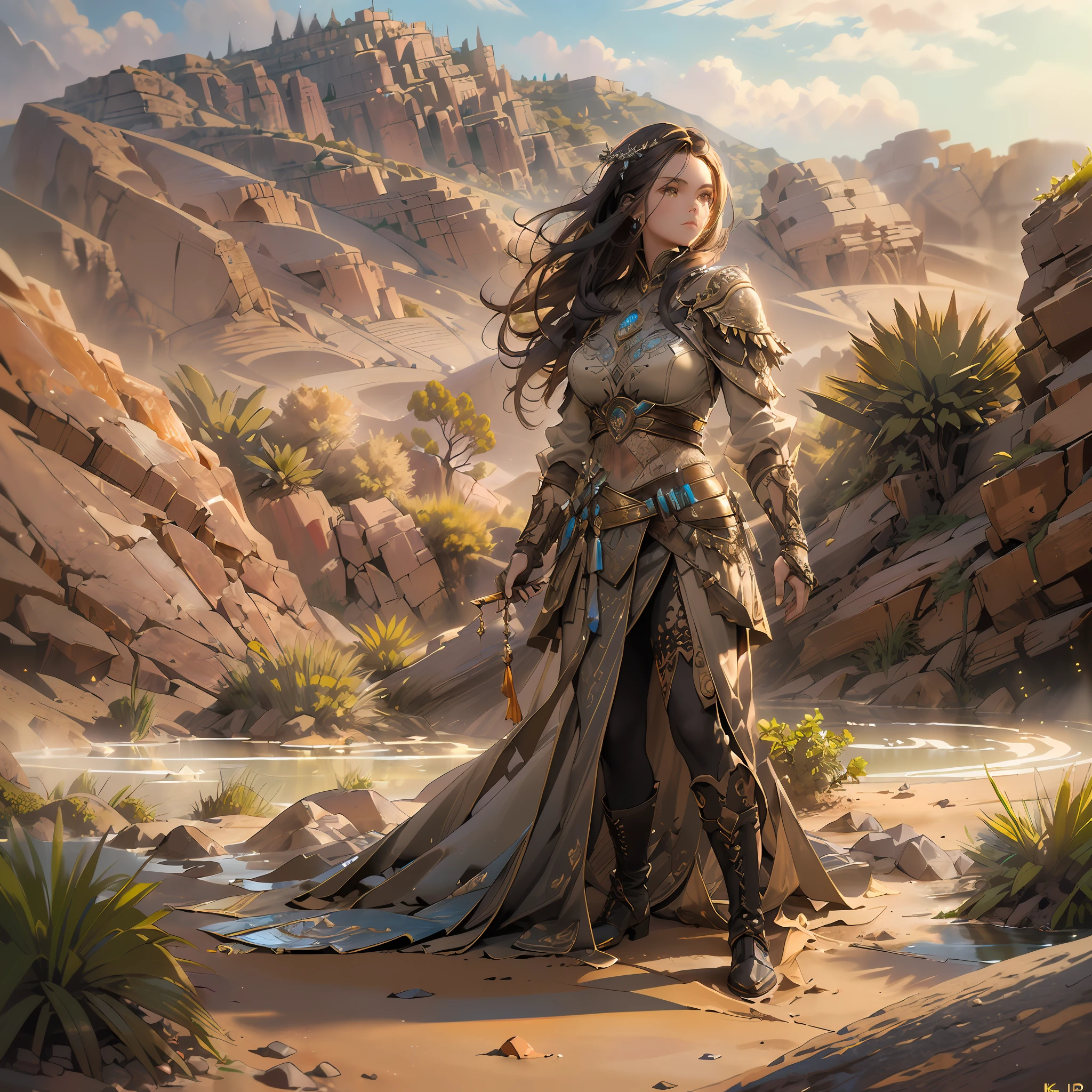 high details, best quality, 8k, [ultra detailed], masterpiece, best quality, (extremely detailed), dynamic angle, ultra wide shot, RAW, photorealistic, fantasy art, realistic art, a wide angle picture of a female human druid, knelling (1.5 intricate details, Masterpiece, best quality) talking to a cougar (1.5 intricate details, Masterpiece, best quality) in desert (1.5 intricate details, Masterpiece, best quality),  a female  wearing leather clothes (1.4 intricate details, Masterpiece, best quality), leather boots, thick hair, long hair, brown hair, tan skin intense brown eyes, desert background (intense details), a stream flowing in an oasis (1.4 intricate details, Masterpiece, best quality), sun light, dynamic light. dynamic angle, (1.4 intricate details, Masterpiece, best quality) 3D rendering, high details, best quality, highres, ultra wide angle