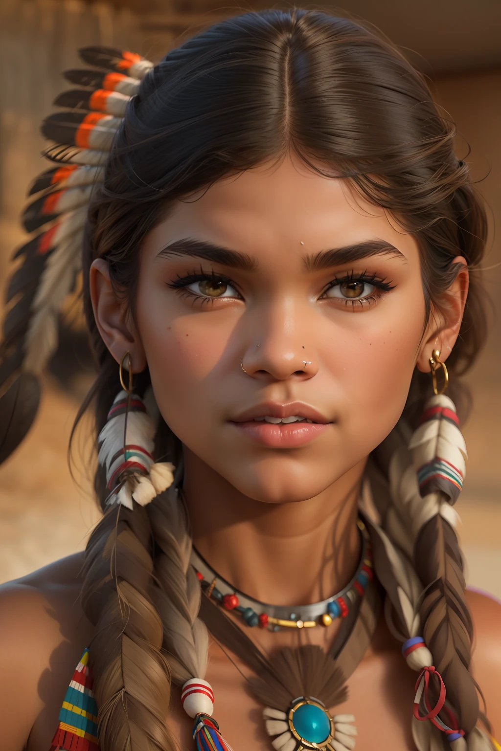 ((Zendaya is a native American woman)), ((who wears the typical clothes of a squaw)), (sie sitzt an einem Lagerfeuer), ((schlanke frau)), (kleiner Kopf), ((natural skin texture)), ((she has small round breasts)), ((Ausdrucksstarkes detailliertes Gesicht)), (fotorealistisch), (Raytracing), (scharfer Fokus), ((full entire body))