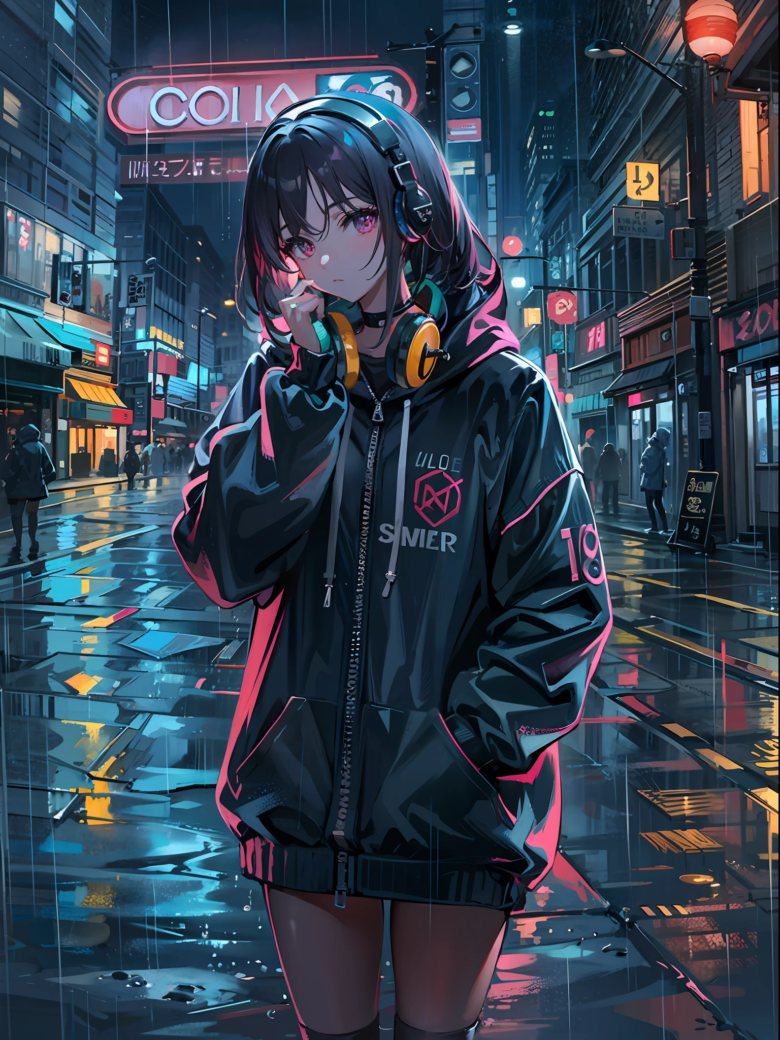 masterpiece, girl alone, solo, incredibly absurd, hoodie, headphones, street, outdoor, rain, neon,