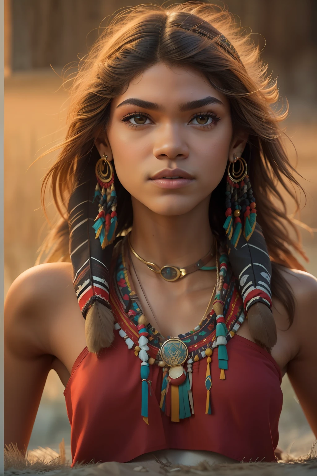 ((Zendaya is a native American woman)), ((who wears the typical clothes of a squaw)), (sie sitzt an einem Lagerfeuer), ((schlanke frau)), (kleiner Kopf), ((natural skin texture)), ((she has small round breasts)), ((Ausdrucksstarkes detailliertes Gesicht)), (fotorealistisch), (Raytracing), (scharfer Fokus), ((full entire body))