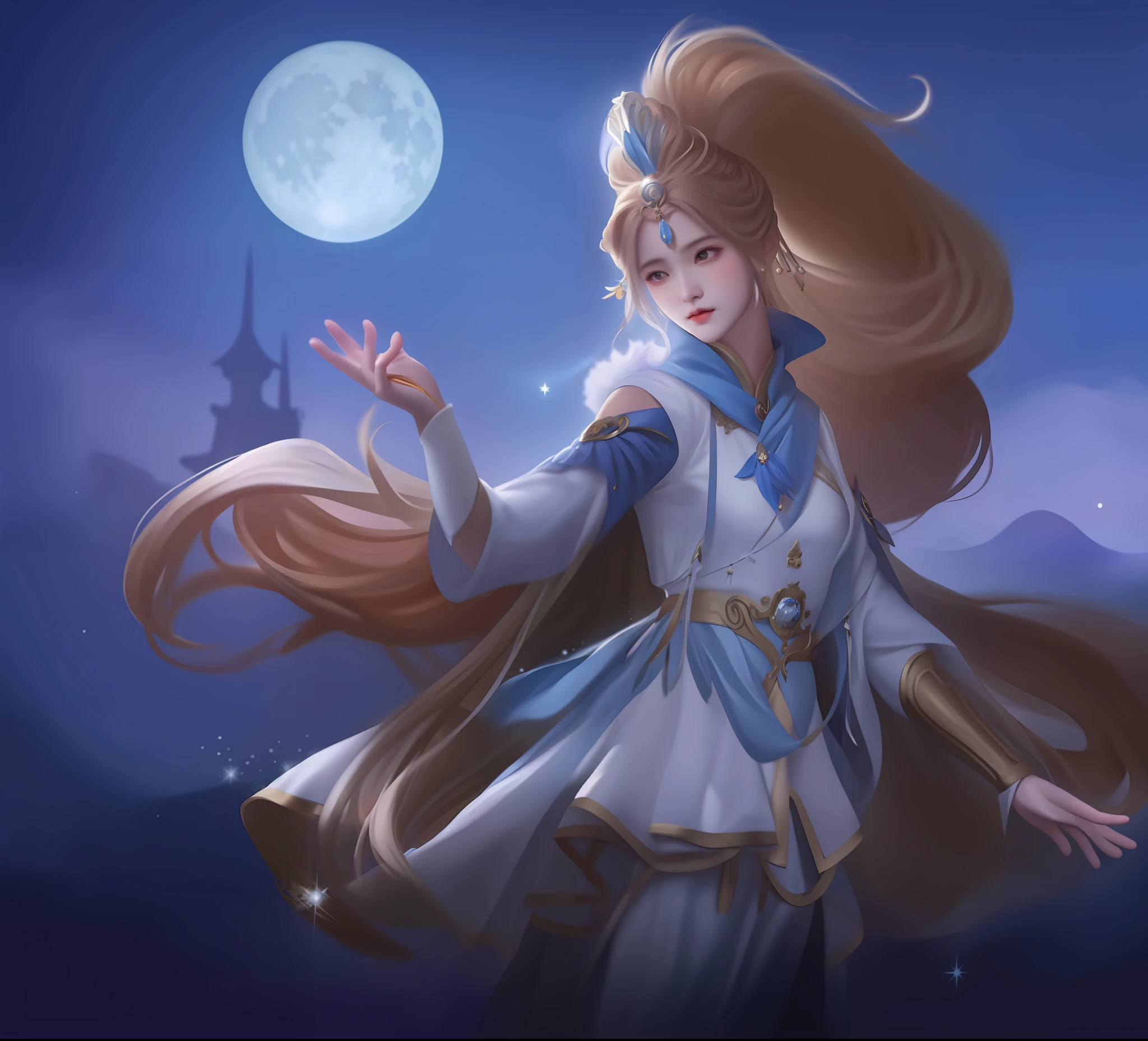 a woman in a white dress and a blue cape is standing in front of a full moon, goddess of the moon, lunar goddess, lunar themed attire, moon goddess, beautiful celestial mage, also known as artemis the selene, goddess of the hunt and the moon, inspired by Yang Jin, unknown, inspired by Ju Lian, style artgerm, moon ryas