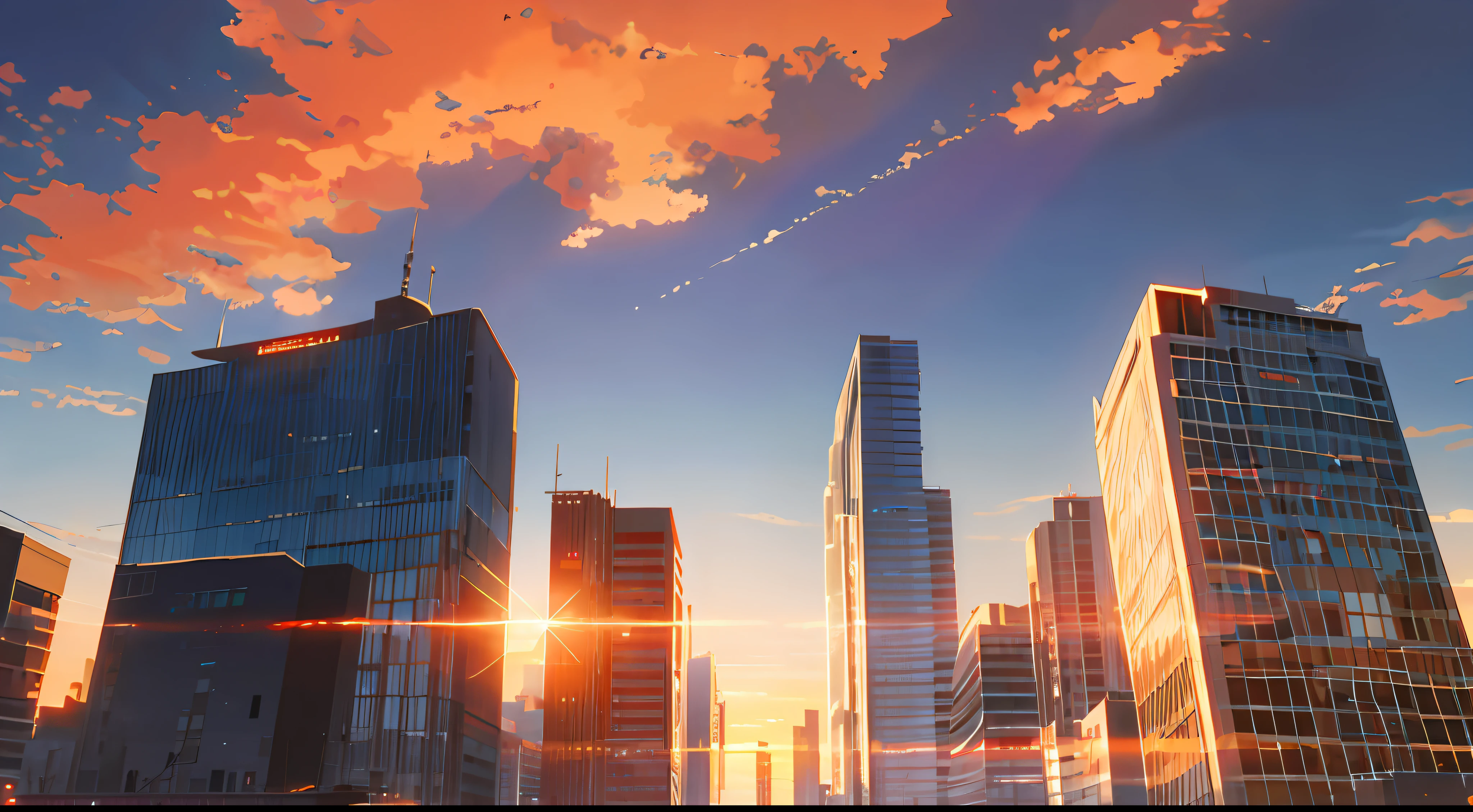 (Masterpiece: 1.2, highest quality), (Lighting) 3, detailed anime-style illustrations, urban buildings dyed by the setting sun looking up from below, buildings in shadow and looking dark and hazy. The entire screen is bright red, Makoto Shinkai, anime style, and the sky is also dyed bright red.