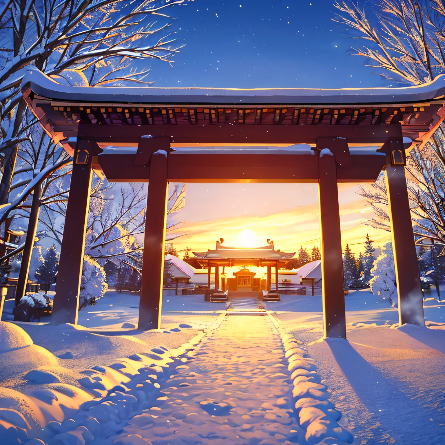 4k,hyper HD,The light and shadow effects are obvious,Temple gate after heavy snowfall,There are old trees covered in snow all around,Twilight Hour,The feeling of the setting sun --auto