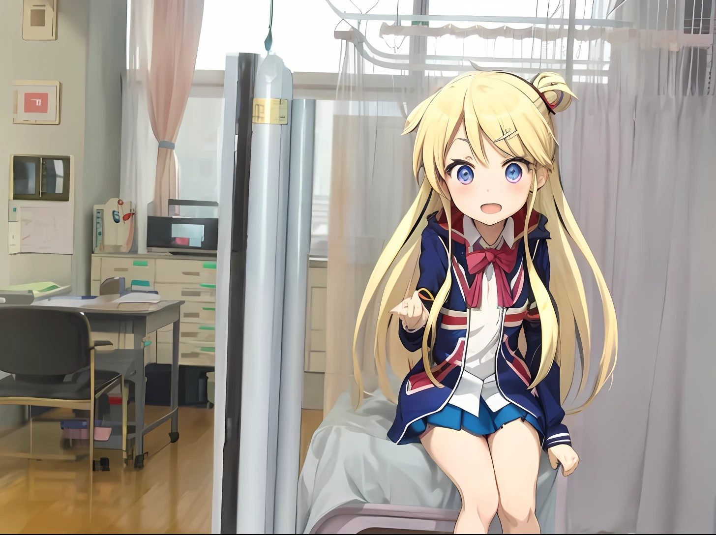 Anime character in a hospital room with bed and desk, small curvy loli, in ryuuou no oshigoto art style, loli in dress, at the hospital in patient gown, anime moe art style, Ecchi anime style, anime style like fate/Stay Night, typical anime classroom, Anime Waifu, waifu