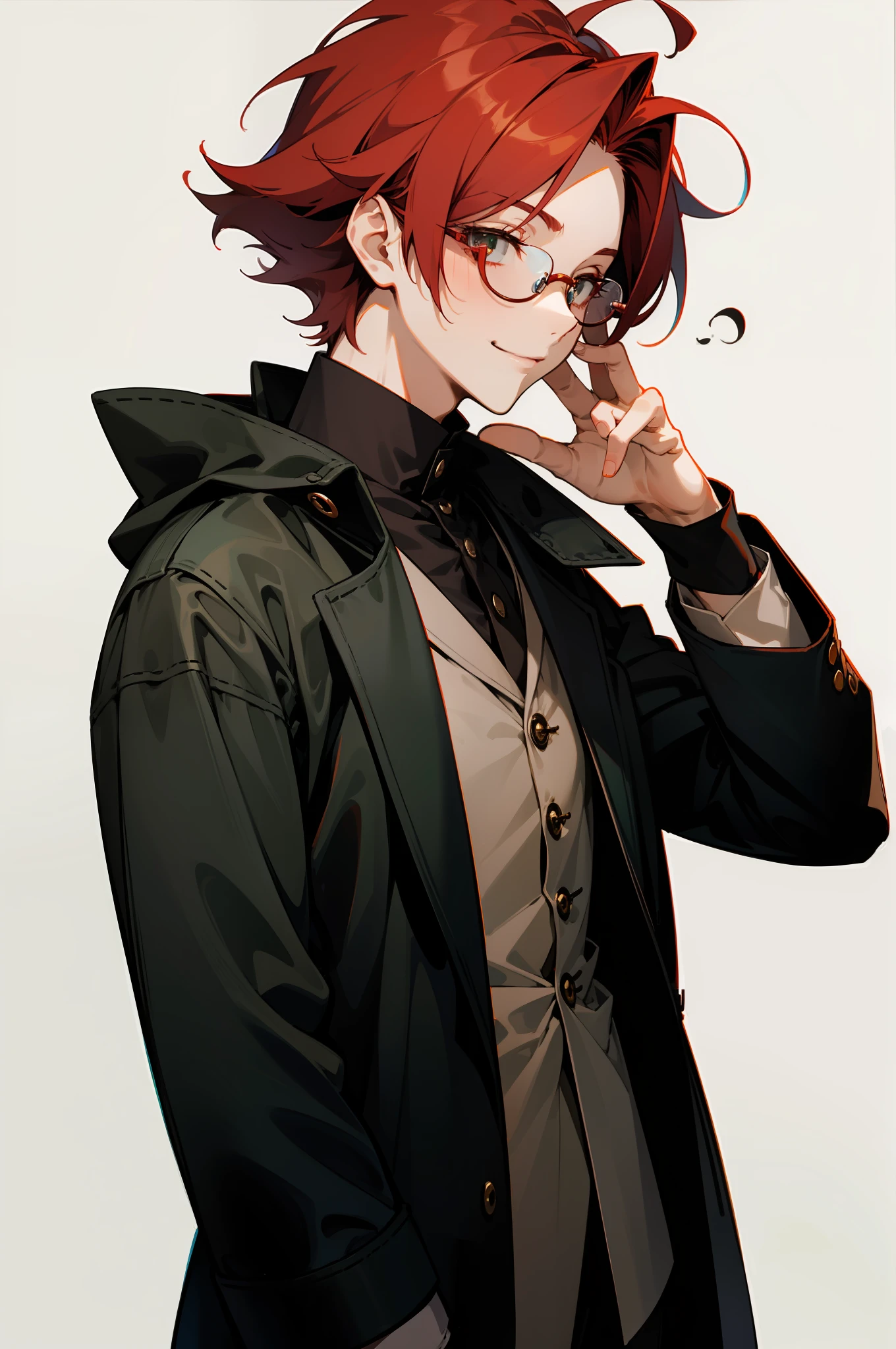(masterpiece, best quality), Anime boy, young man, solo, 1 boy solo, red hair, messy red hair, messy short red hair, pale skin, dark under eyes, dark eyebags, tired, modern clothes, detailed, glasses, black glasses, dark green eyes, relaxing, simple background, no particle effects, long coat, facing front, facing camera, facing the camera, front view, portrait, character sprite, ((front view)), smiling softly