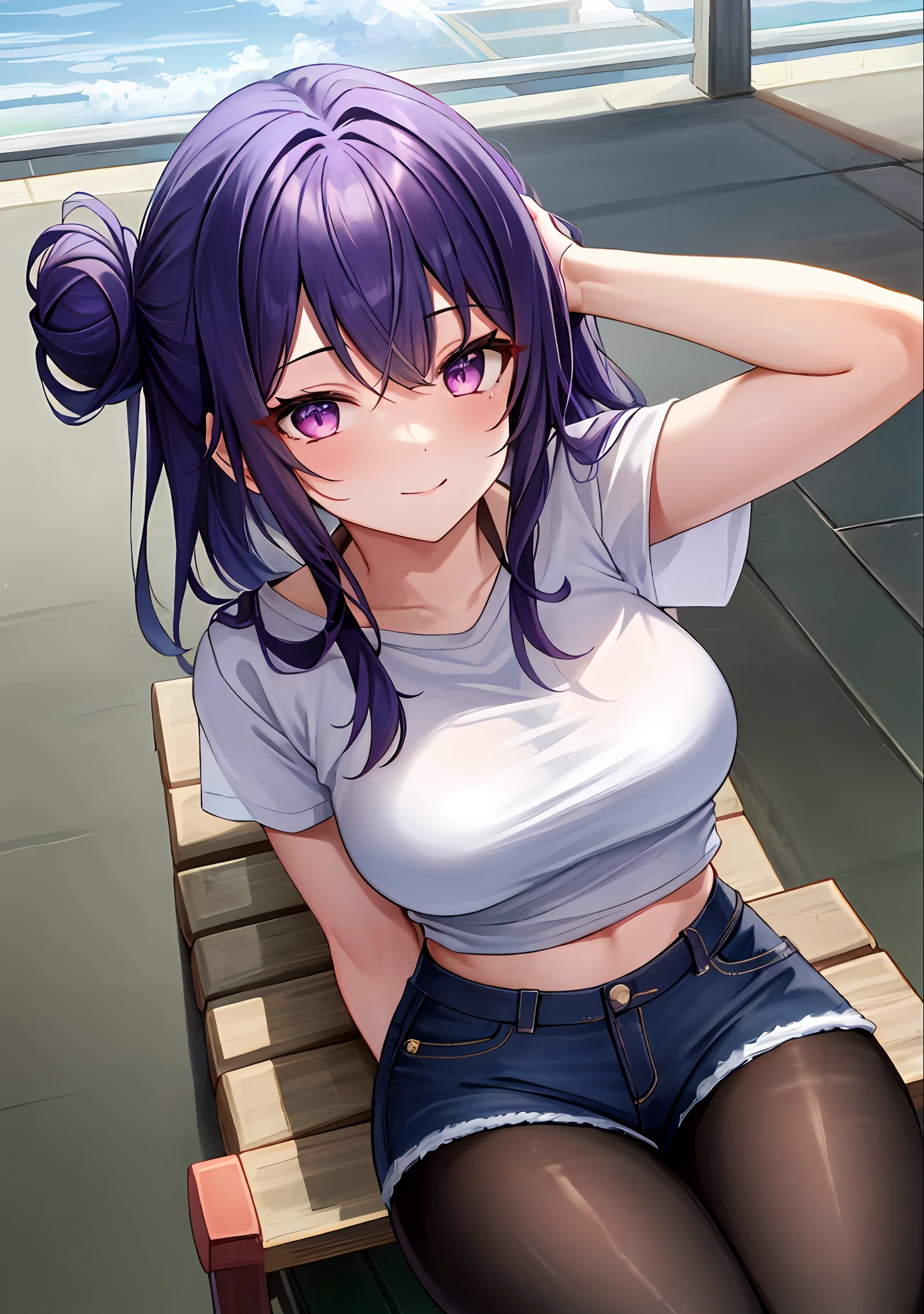 (masterpiece, best quality, ultra-detailed), keqing \(genshin impact\), (purple hair), cone hair bun, twin tails, long hair, swept bangs, braid, braided bangs, purple eyes, pink eyes,
(wearing a t-shirt:1.2), sitting on a chair outside of caf, embracing the natural beauty, sunlight, beautiful cloudy sky, city, street, denim shorts, black stocking,
medium breasts, thick thighs, critical angle, cowboy shot, arm behind head, arm behind back, armpits, light smile, crop top, strong and seductive expressions,,