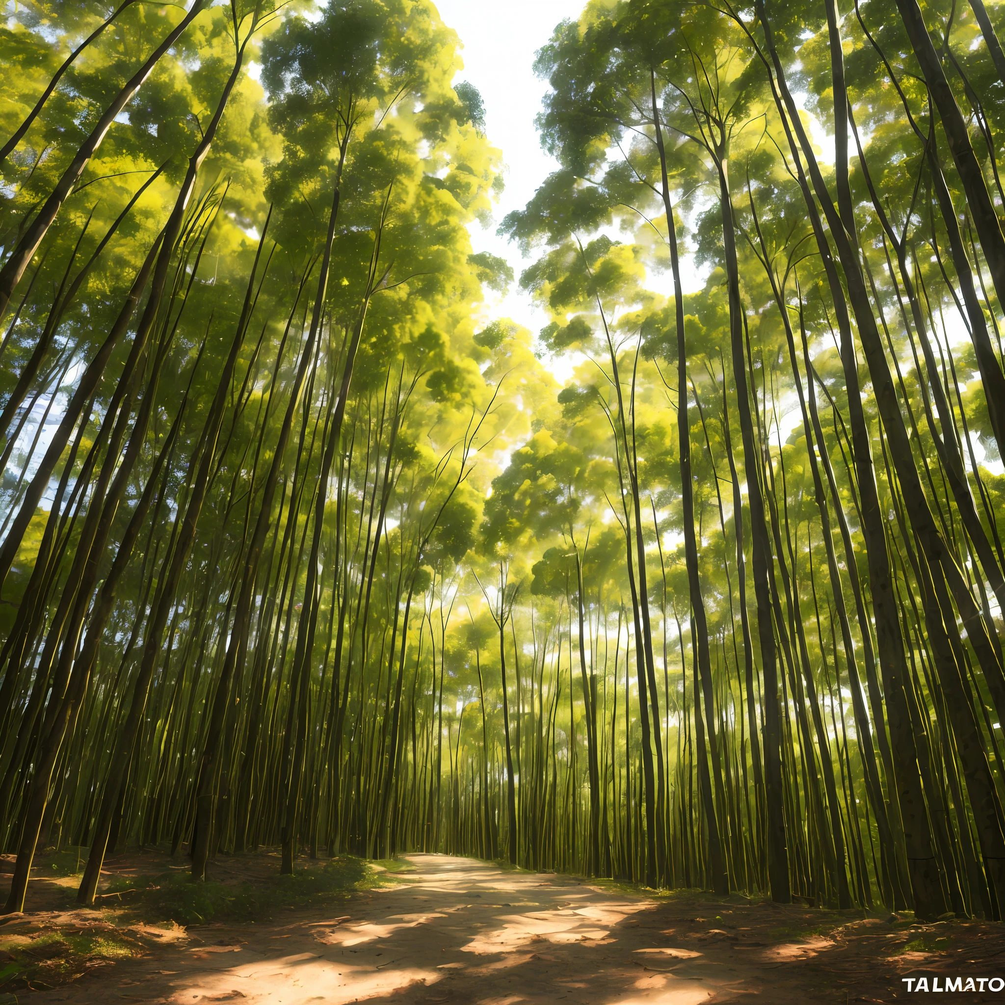 estilo realismo, fotografia, Nikon, grande abertura, Mid-range photography, master part, super alta qualidade, tom de verde vivo, caminho da floresta de bambu, Dia de sol, perspectiva ascendente, 2/3 do sujeito, Detalhe extremo, Qualidade extrema, 4k, cor dos sonhos, Sonho Luz e sombra --auto