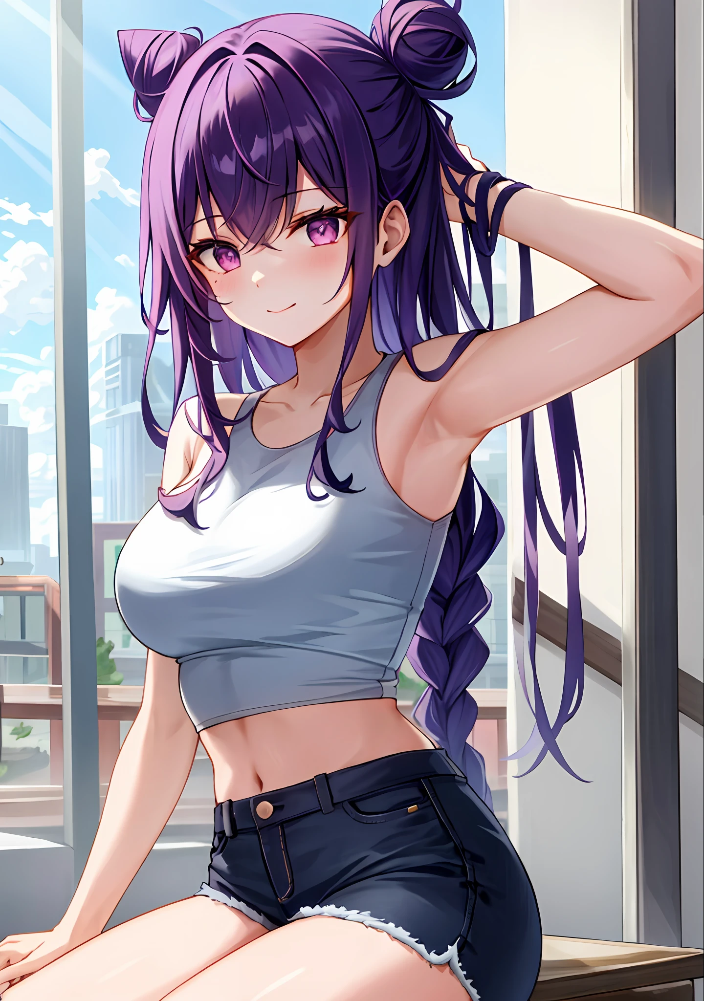 (masterpiece, best quality, ultra-detailed), keqing \(genshin impact\), (purple hair), cone hair bun, twin tails, long hair, swept bangs, braid, braided bangs, purple eyes, pink eyes,
(wearing a t-shirt:1.2), sitting on a chair outside of caf, embracing the natural beauty, sunlight, beautiful cloudy sky, city, street, denim shorts, black stocking,
medium breasts, thick thighs, critical angle, cowboy shot, arm behind head, arm behind back, armpits, light smile, crop top, strong and seductive expressions,,