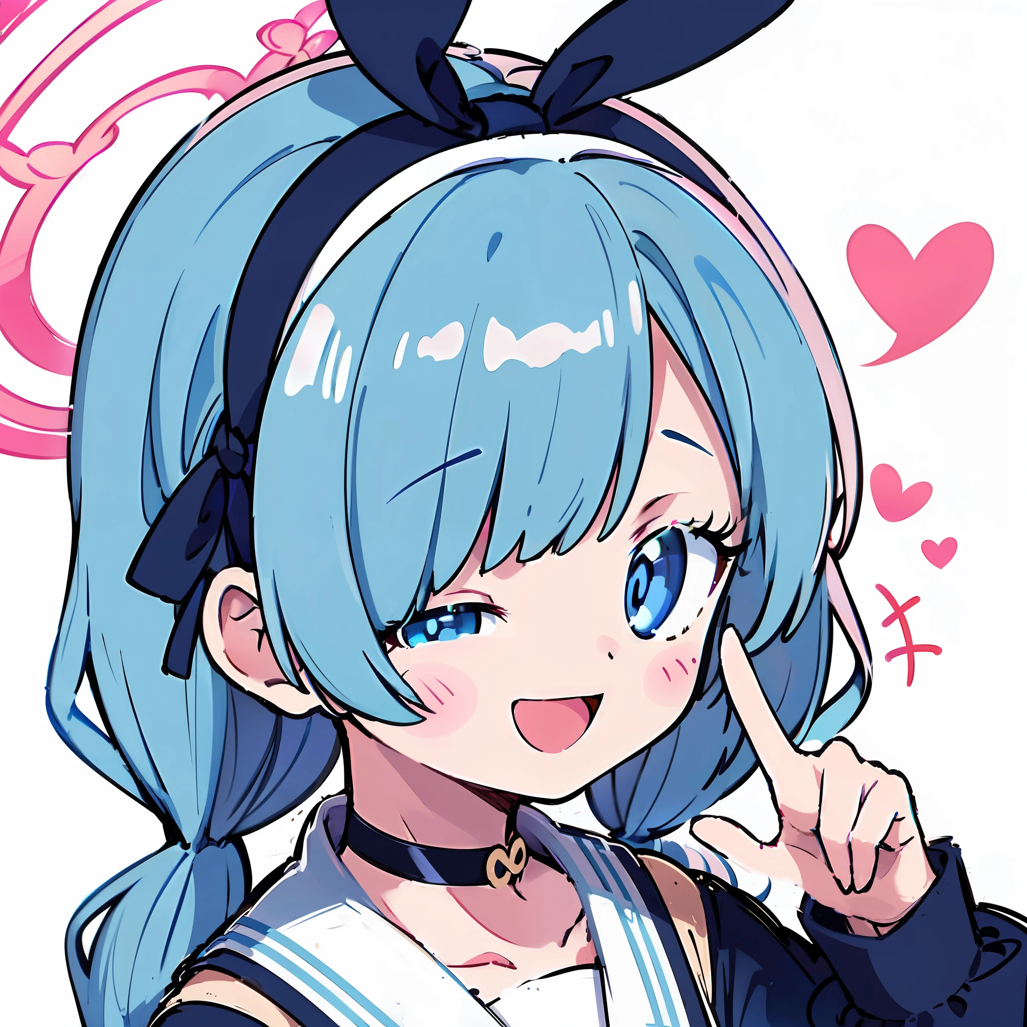 Anime girl with blue hair and blue eyes pointing at her finger - SeaArt AI