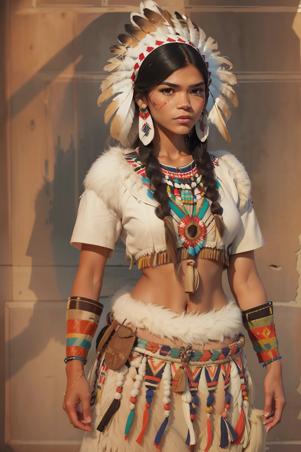 ((Zendaya is a native American woman)), ((who wears the typical clothes of a squaw)), (sie sitzt an einem Lagerfeuer), ((schlanke frau)), (kleiner Kopf), ((natural skin texture)), ((she has small round breasts)), ((Ausdrucksstarkes detailliertes Gesicht)), (fotorealistisch), (Raytracing), (scharfer Fokus), ((full entire body))