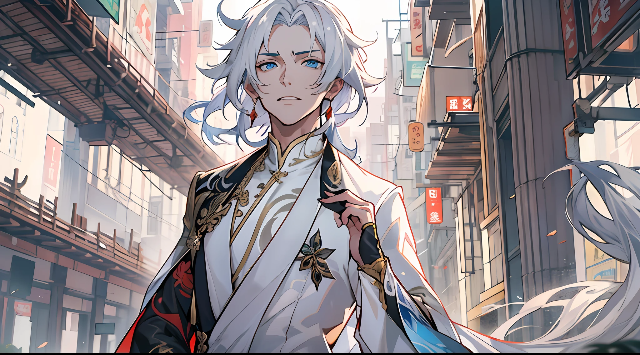 anime character with long white hair and blue eyes standing in city, keqing from genshin impact, handsome guy in demon slayer art, zhongli from genshin impact, white haired deity, tall anime guy with blue eyes, genshin impact character, onmyoji portrait, casimir art, beautiful androgynous prince, heise jinyao,black blue shirt, black suite,white overcoat, Portrait, holding hands