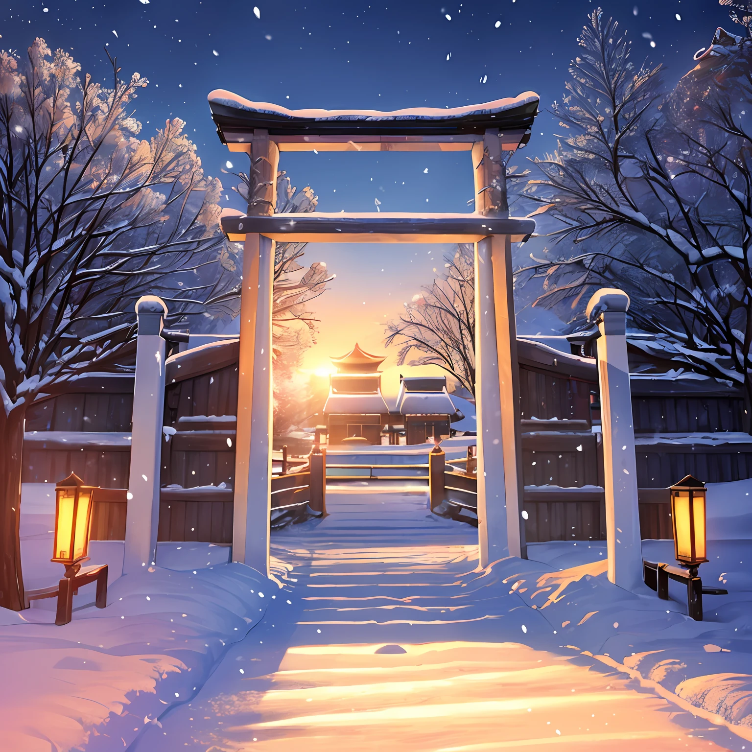 4k,hyper HD,The light and shadow effects are obvious,Temple gate after heavy snowfall,There are old trees covered in snow all around,Twilight Hour,The feeling of the setting sun --auto