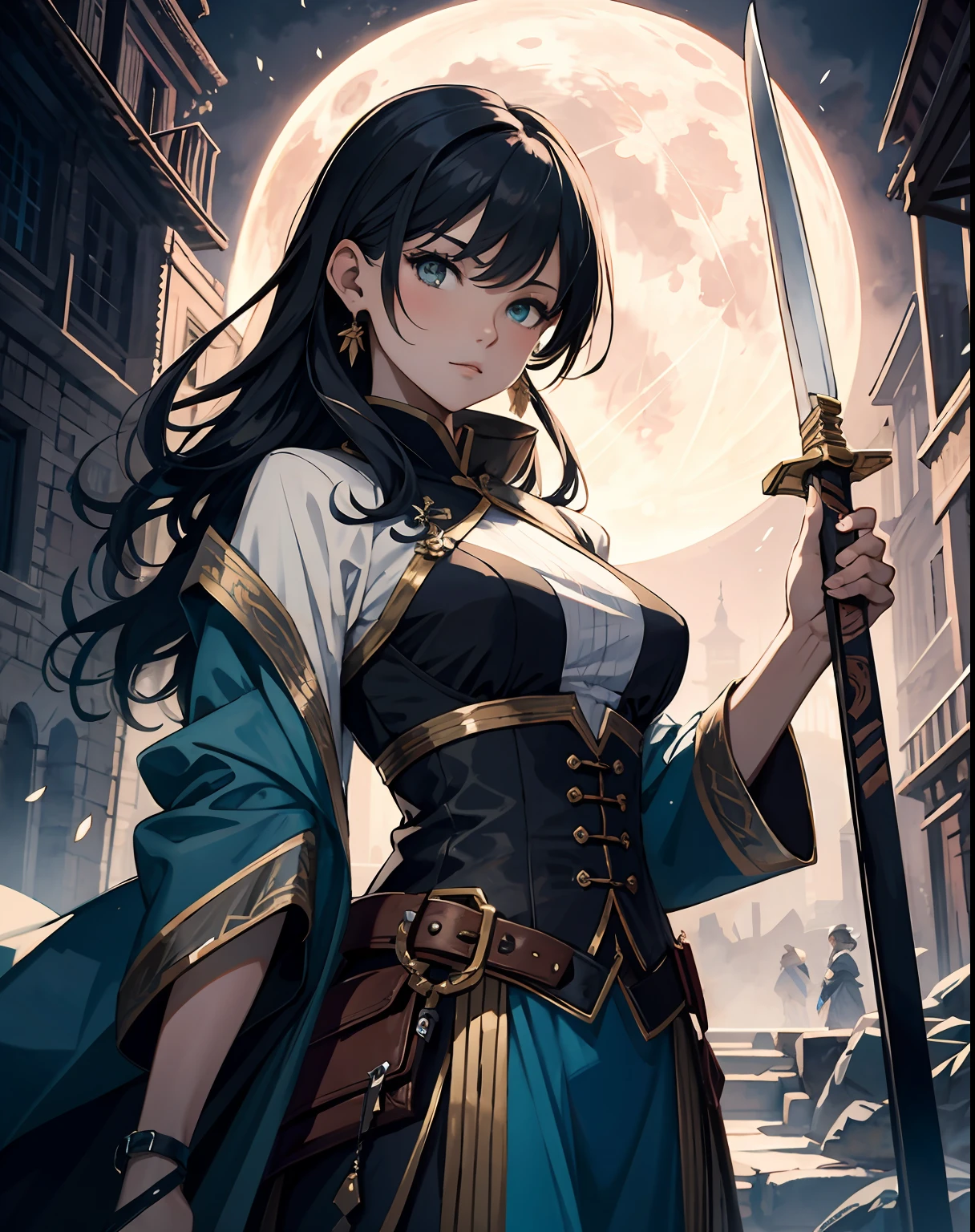 masterpiece chinese watercolor and ink painting, 1girl holding a sword in front of the full big moon. by rembrandt and artstation trending, 8k, highly detailed, turquoise rustic color scheme, detailed, atmospheric light, cinematic, epic, highly detailed, hd, digital painting, deviant art, concept art, smooth, sharp